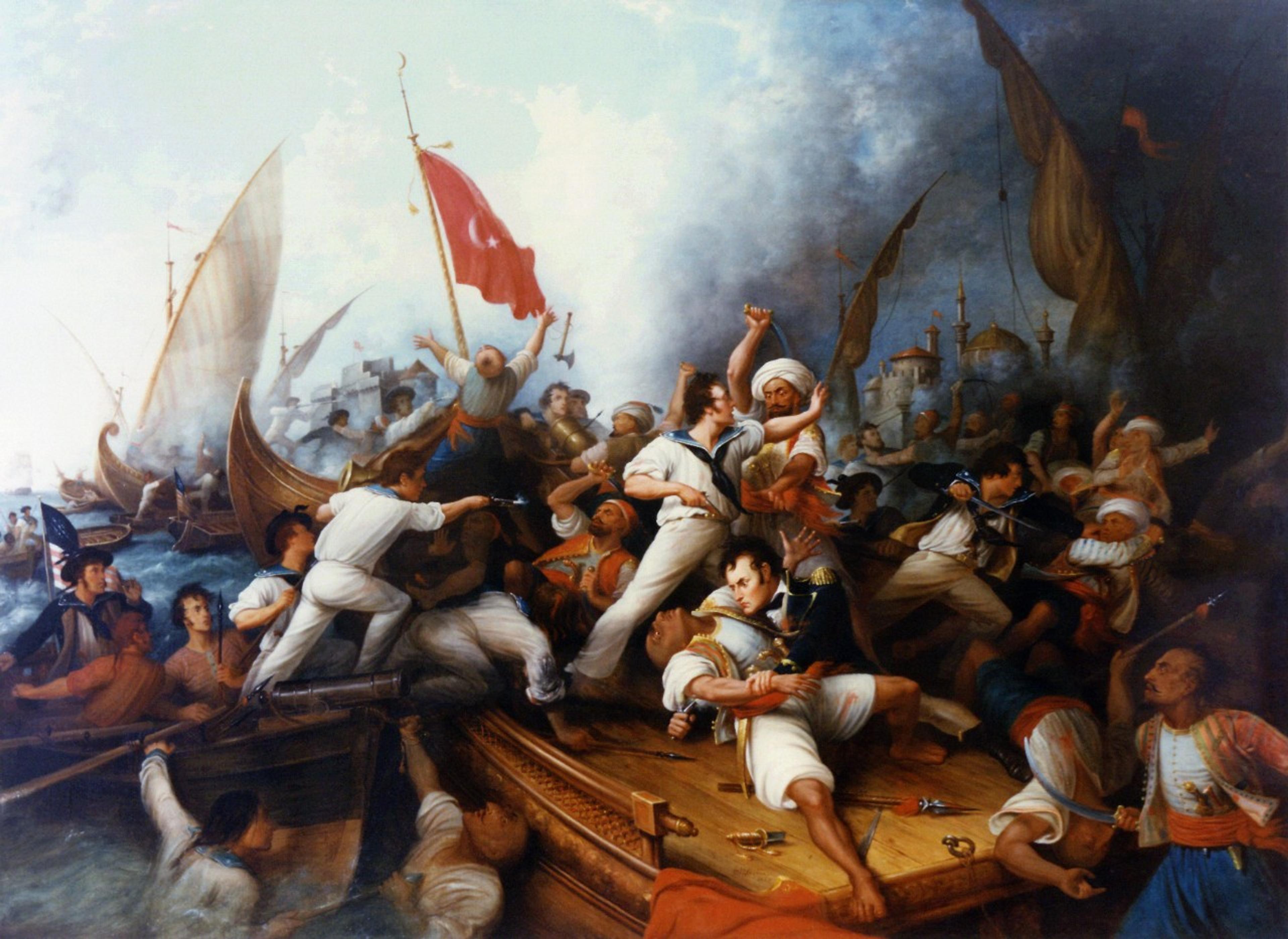 Painting depicting an intense naval battle with soldiers fighting on ships under a cloudy sky with a distant cityscape.