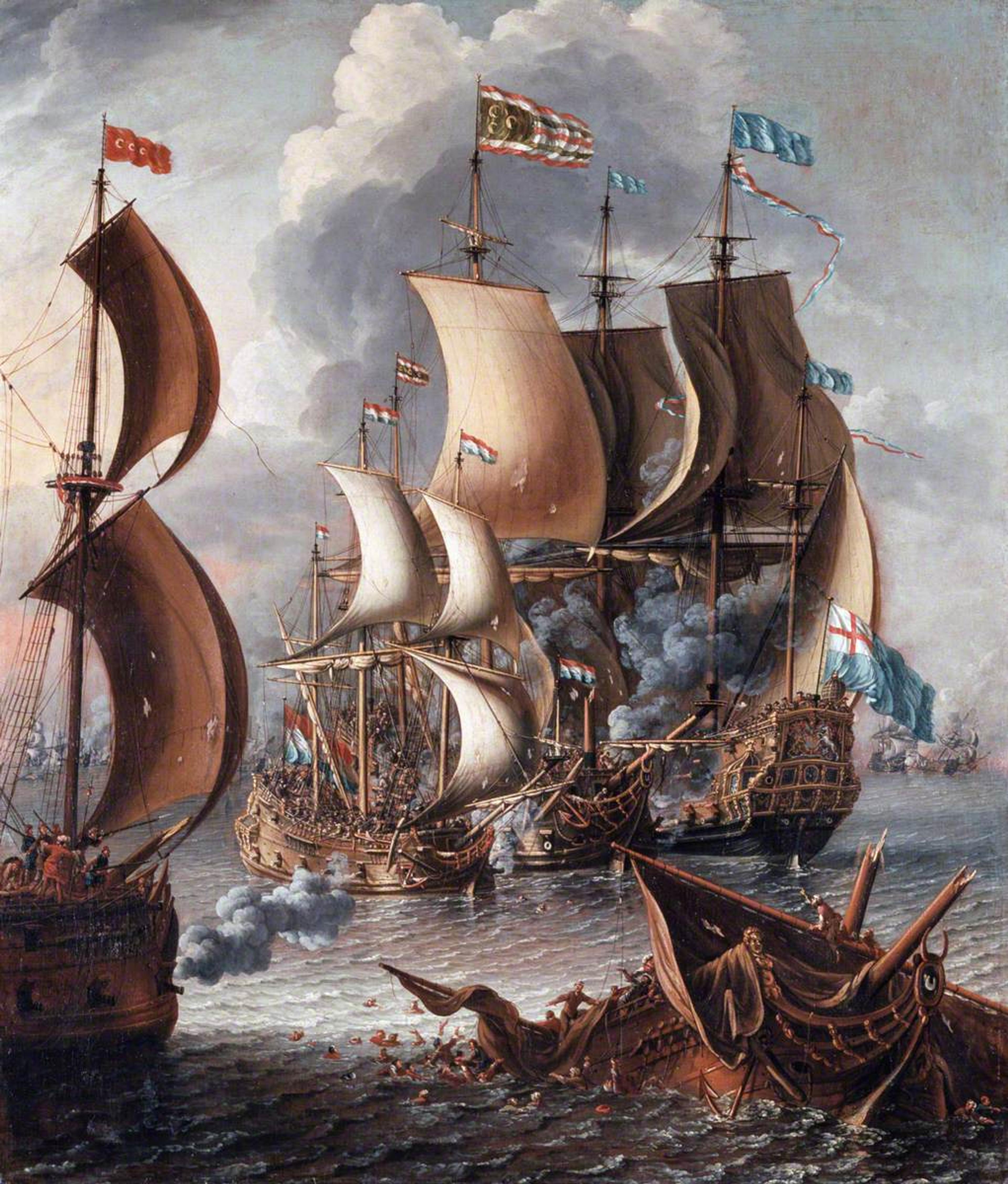 Painting of a naval battle with sailing ships firing cannons, smoke billowing in the sky and flags flying high above the masts.