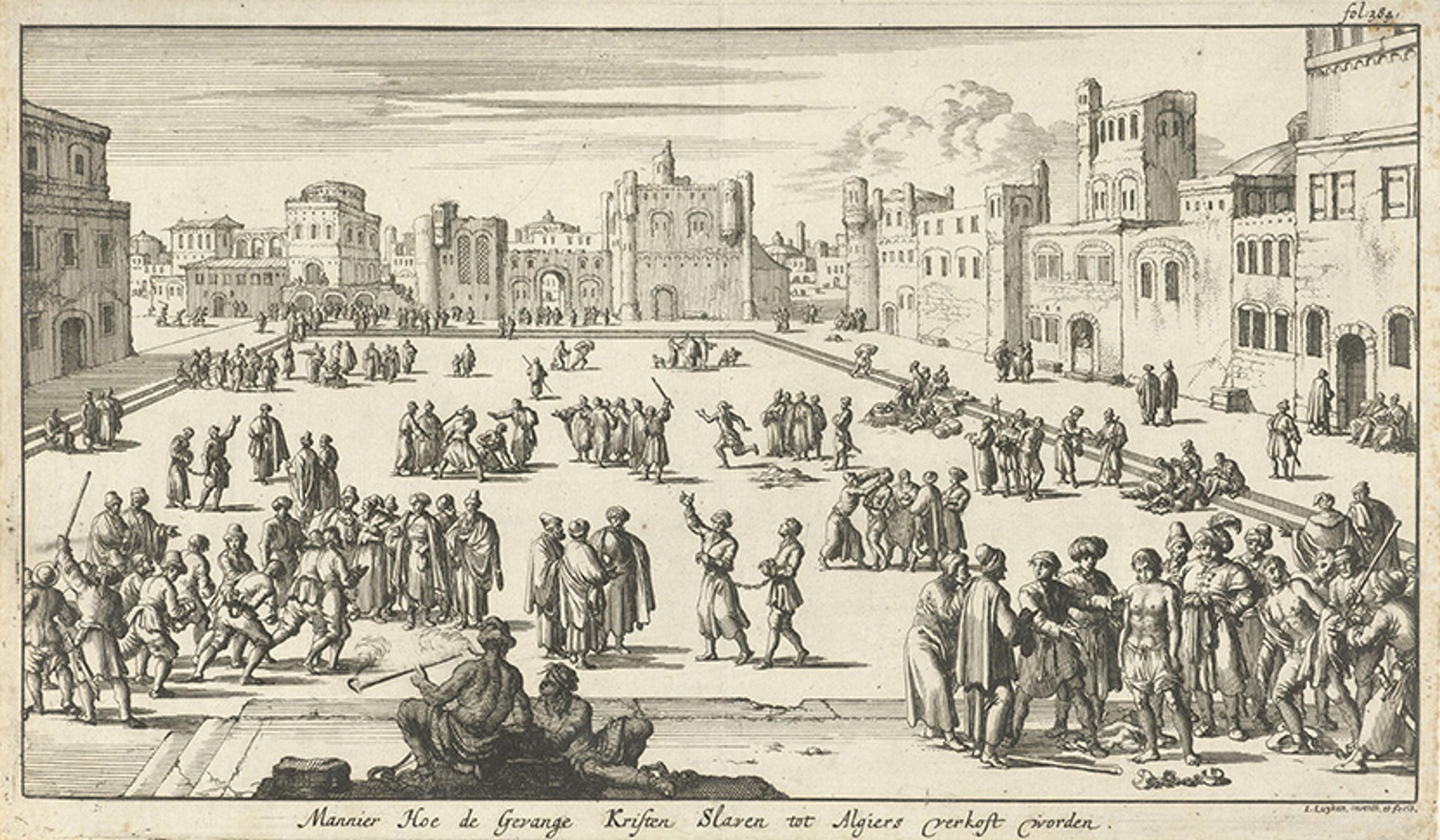 Black-and-white etching of people in a large square surrounded by buildings, depicting scenes of activity and interaction.