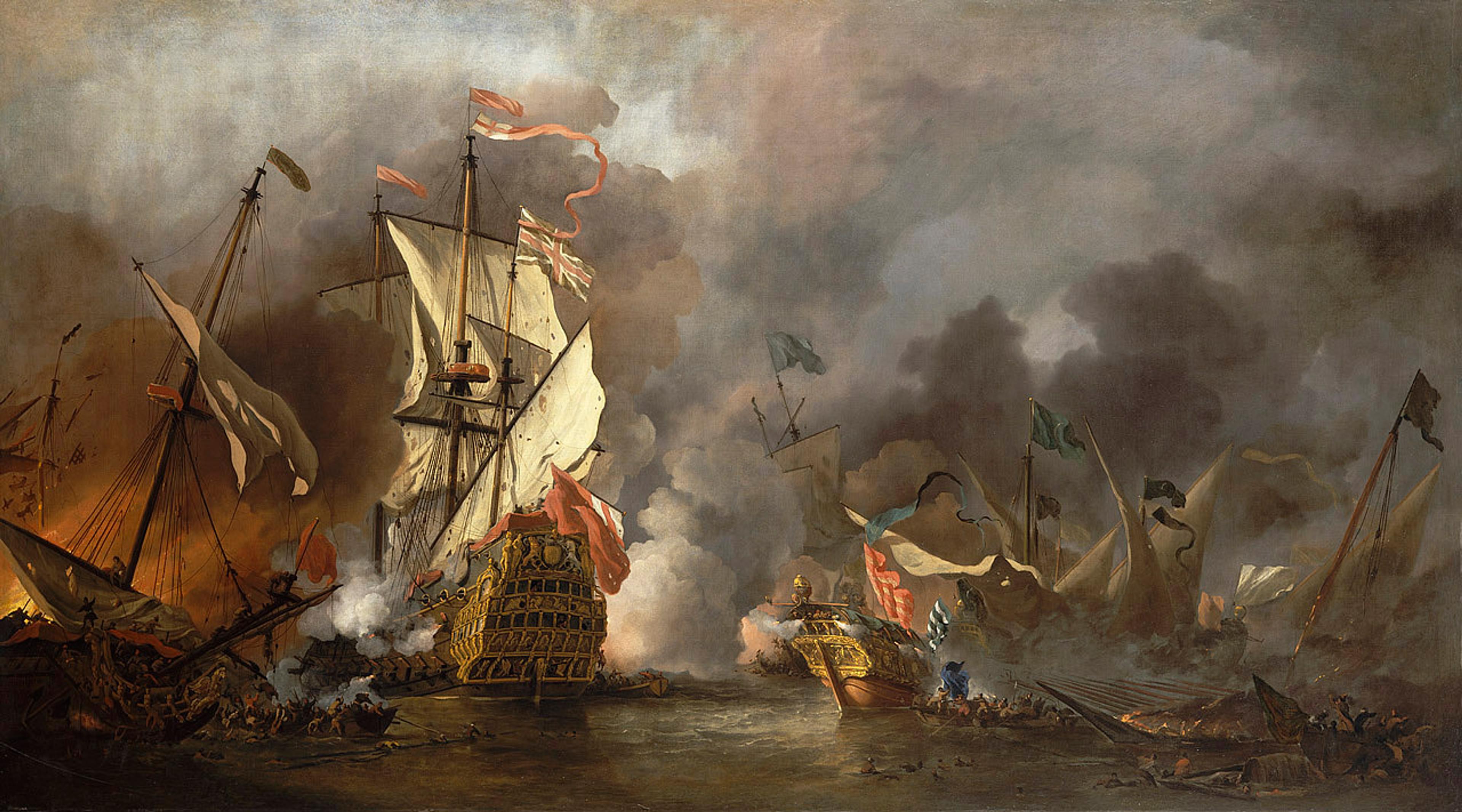Painting of a naval battle, with ships on fire and billowing smoke, sails tattered and debris scattering in the turbulent sea.