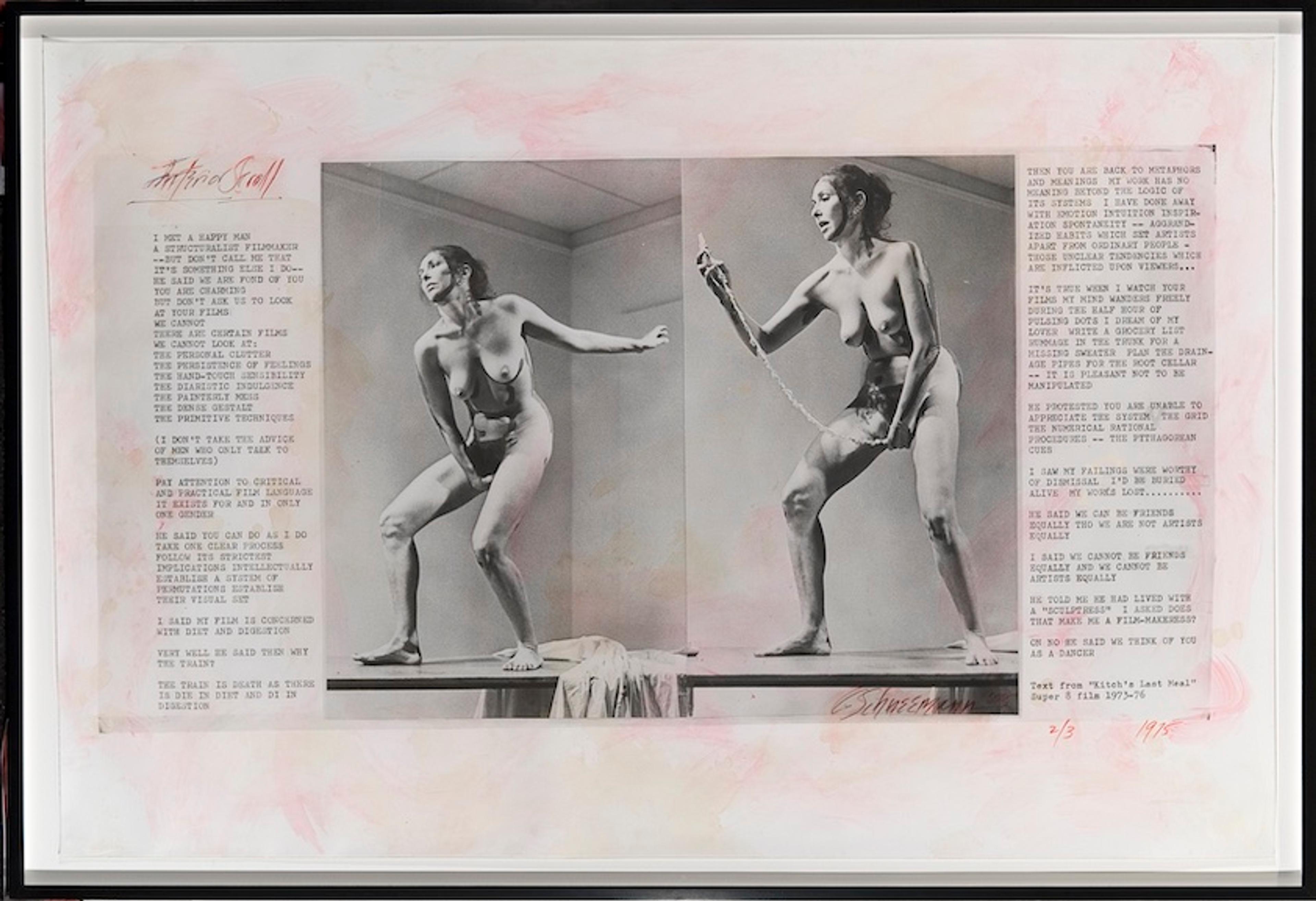 A black-and-white photo of a nude woman posing with a chain between her legs, overlaid with text in red and black, framed with a pink border.