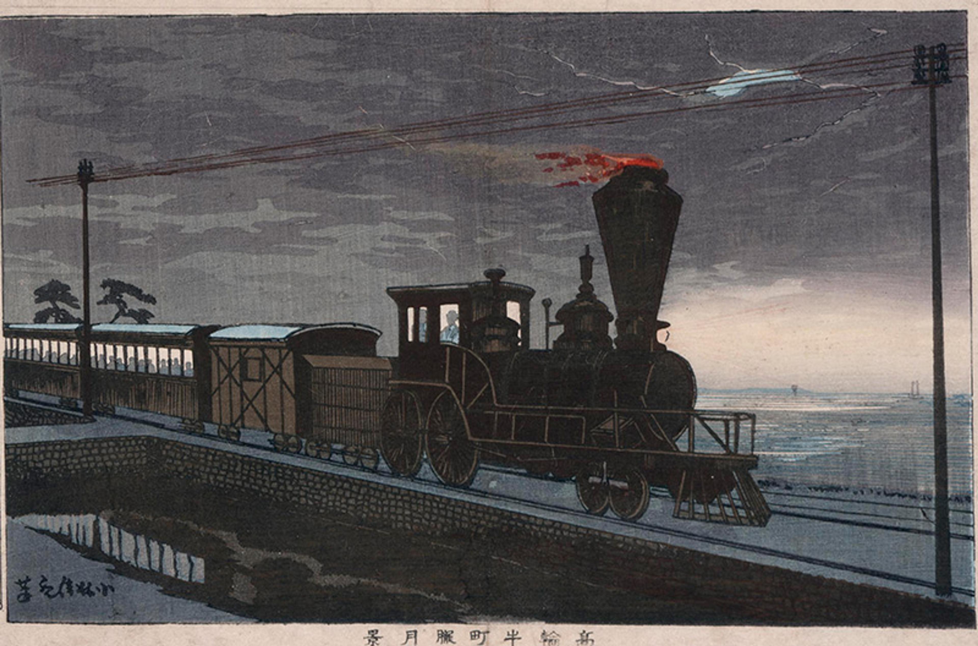Painting of a steam train travelling at dusk along a track by water, with a smoking chimney and power lines overhead.