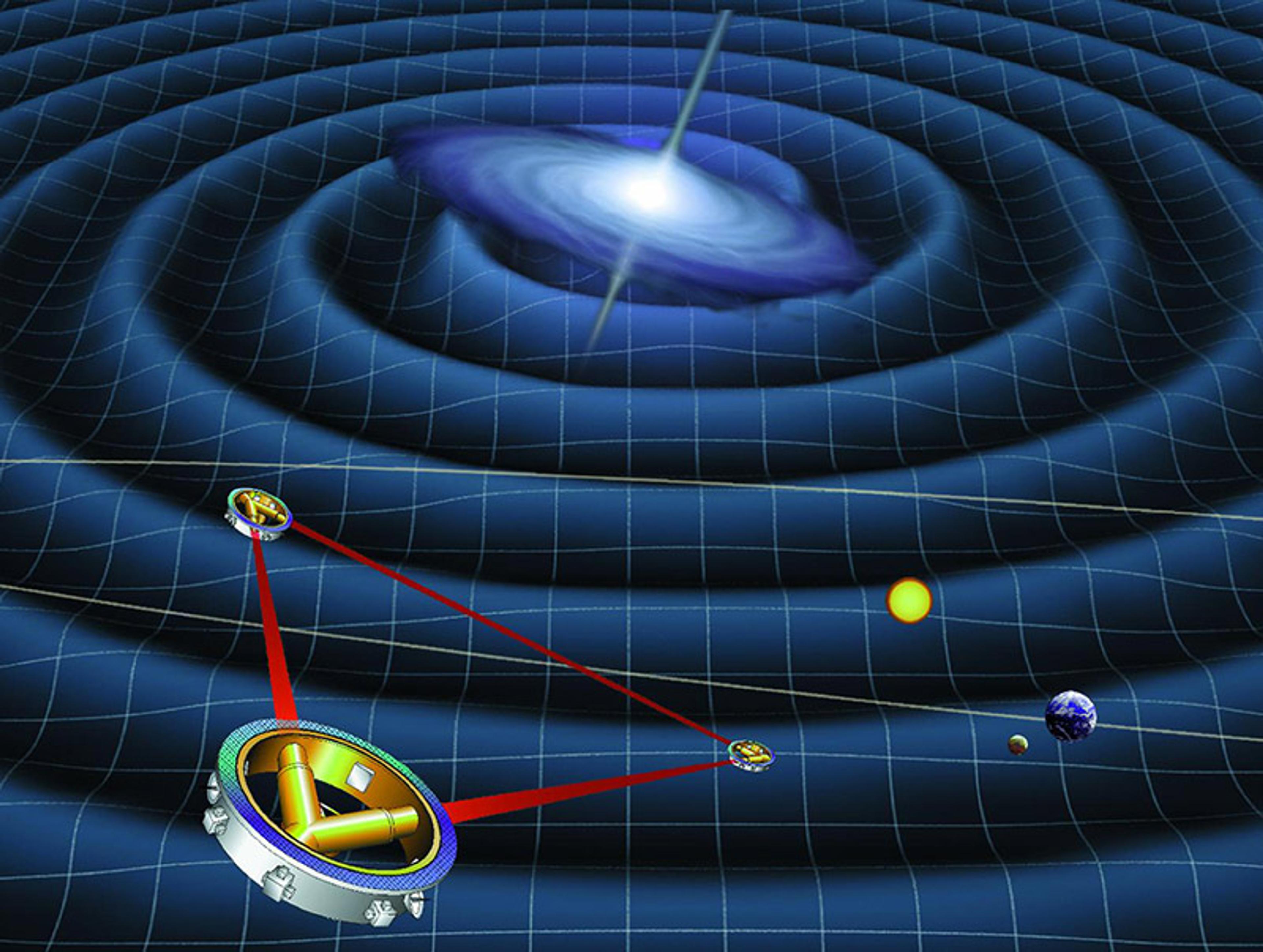 Illustration showing three spacecraft detecting gravitational waves with planets and a galaxy in the background.