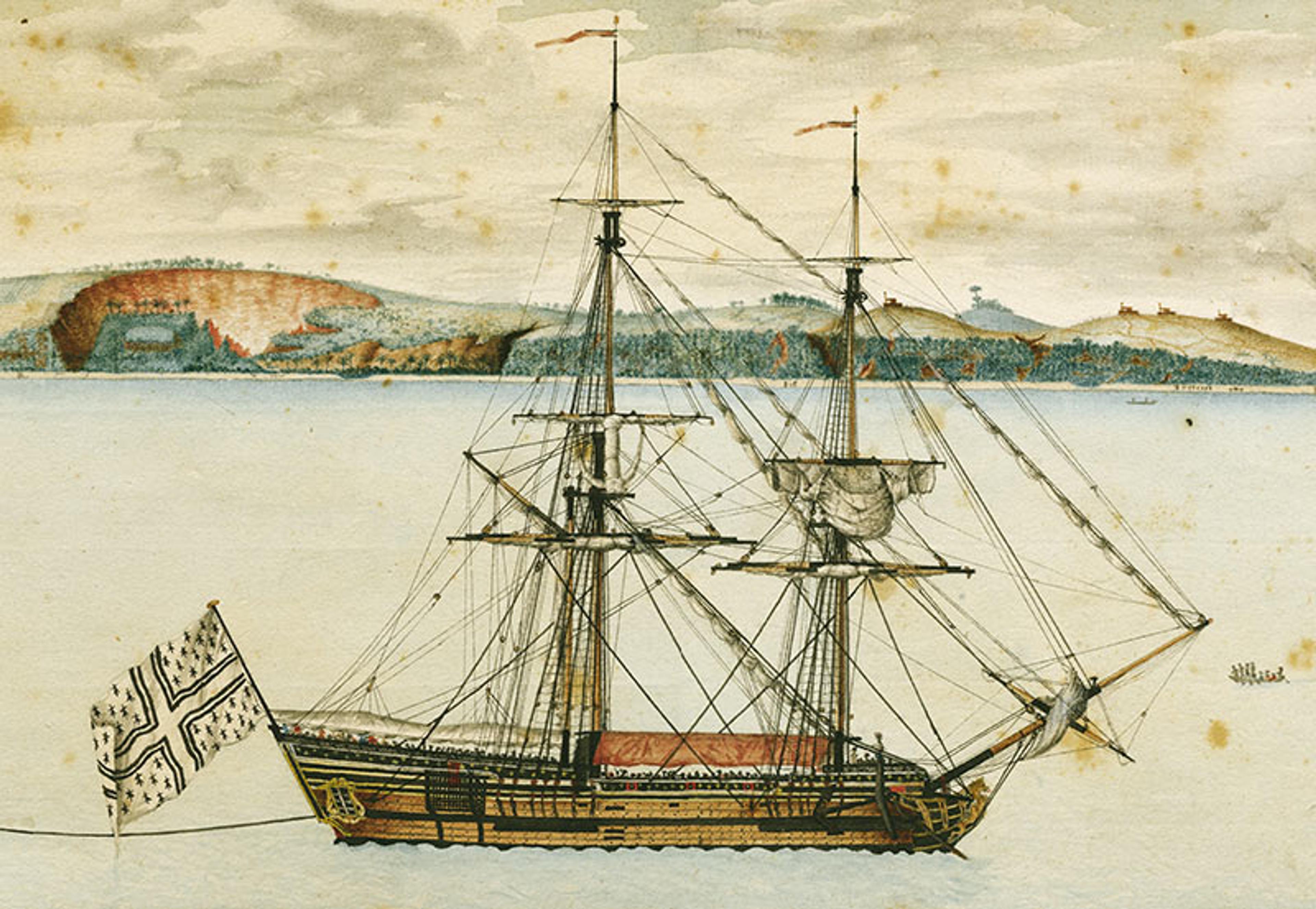 Painting of a sailing ship with a large flag, docked by land with hills in the background and a cloudy sky above.