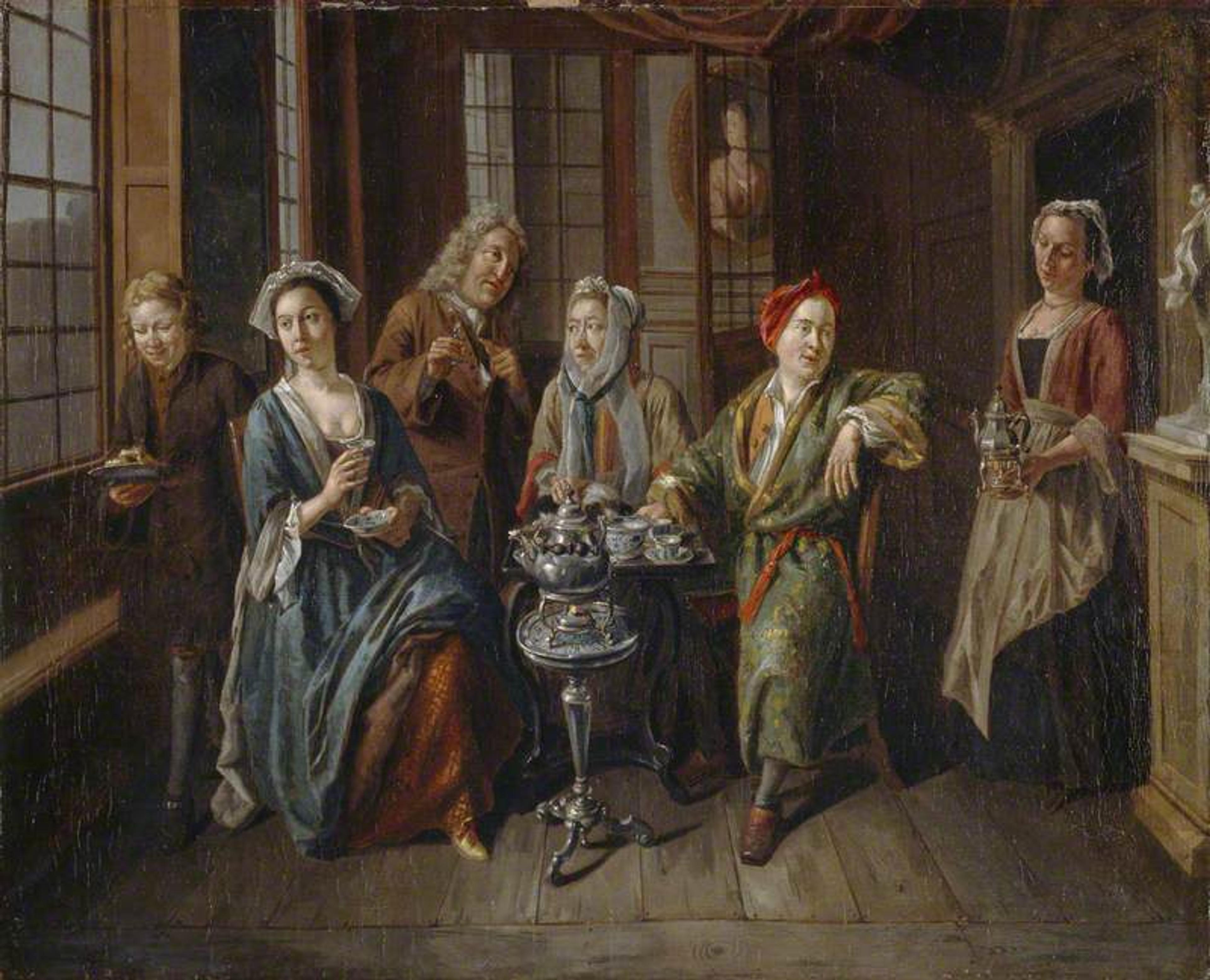 A painting of six people in 18th-century attire having tea. A maid serves while others sit and stand around a table.