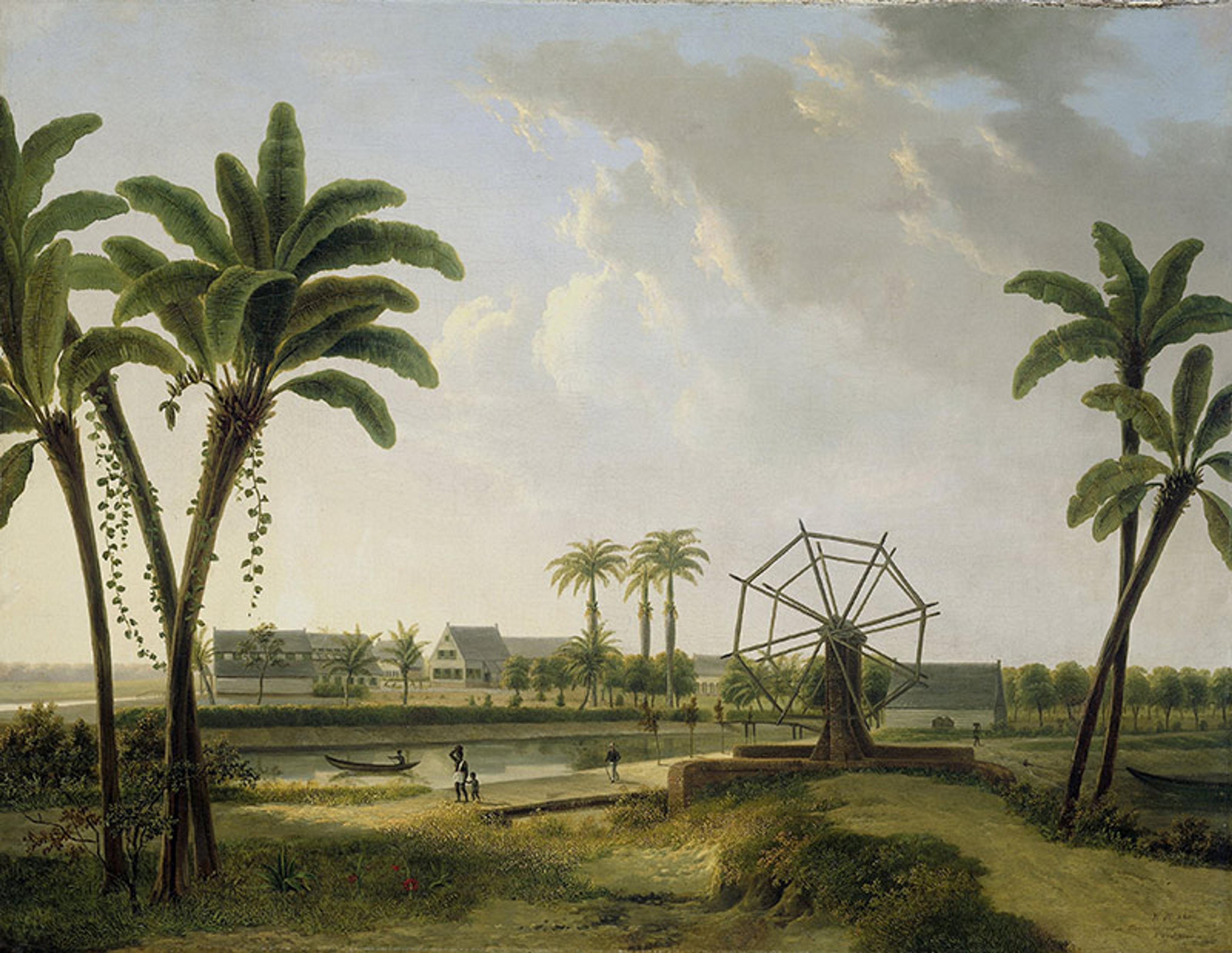 Painting of a tropical landscape with tall palm trees, a water wheel, a river, boats and two figures walking on a path, huts in the distance.