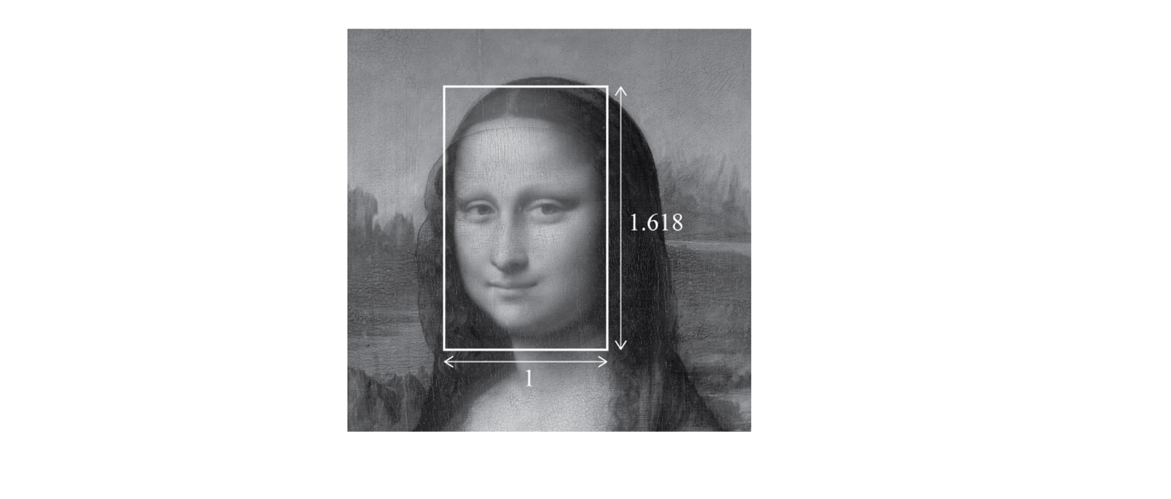 A black-and-white image of the Mona Lisa painting with a rectangle overlay, illustrating the golden ratio dimensions on the face.