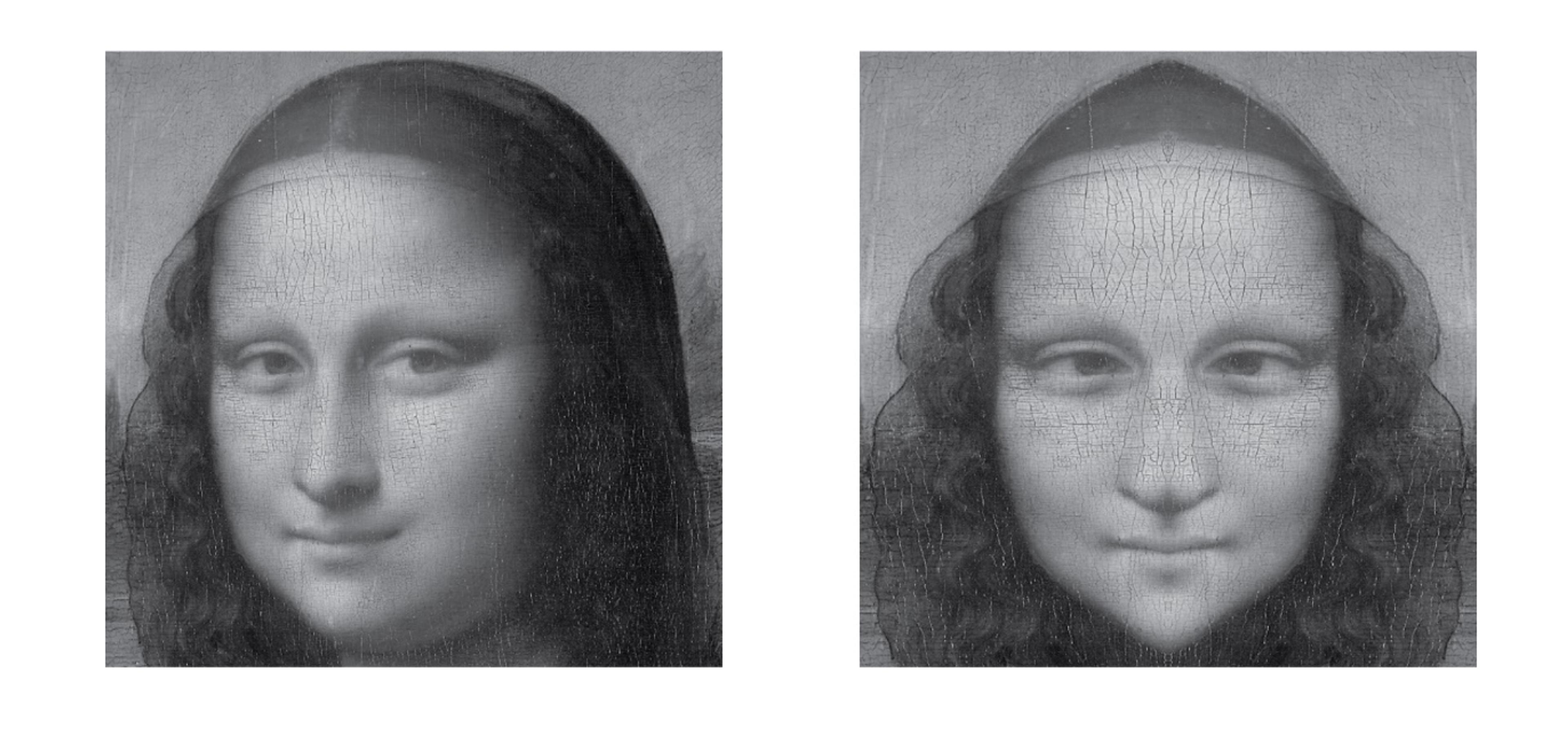 Image showing a black and white photograph of the Mona Lisa’s face (left) alongside a digitally mirrored version (right).
