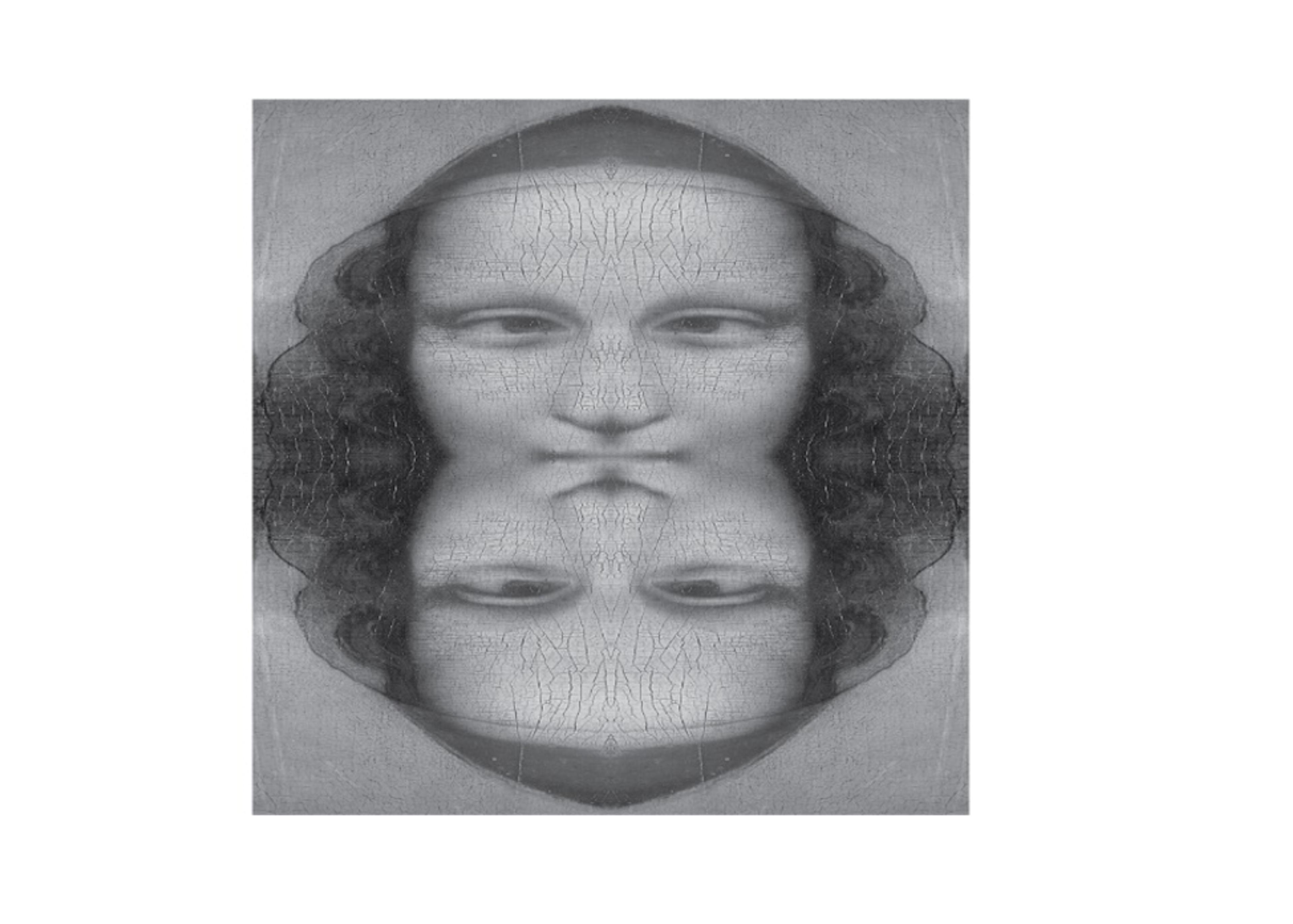 A painting featuring a mirrored and inverted duplication of a face with subtle cracks across the surface, creating a surreal effect.