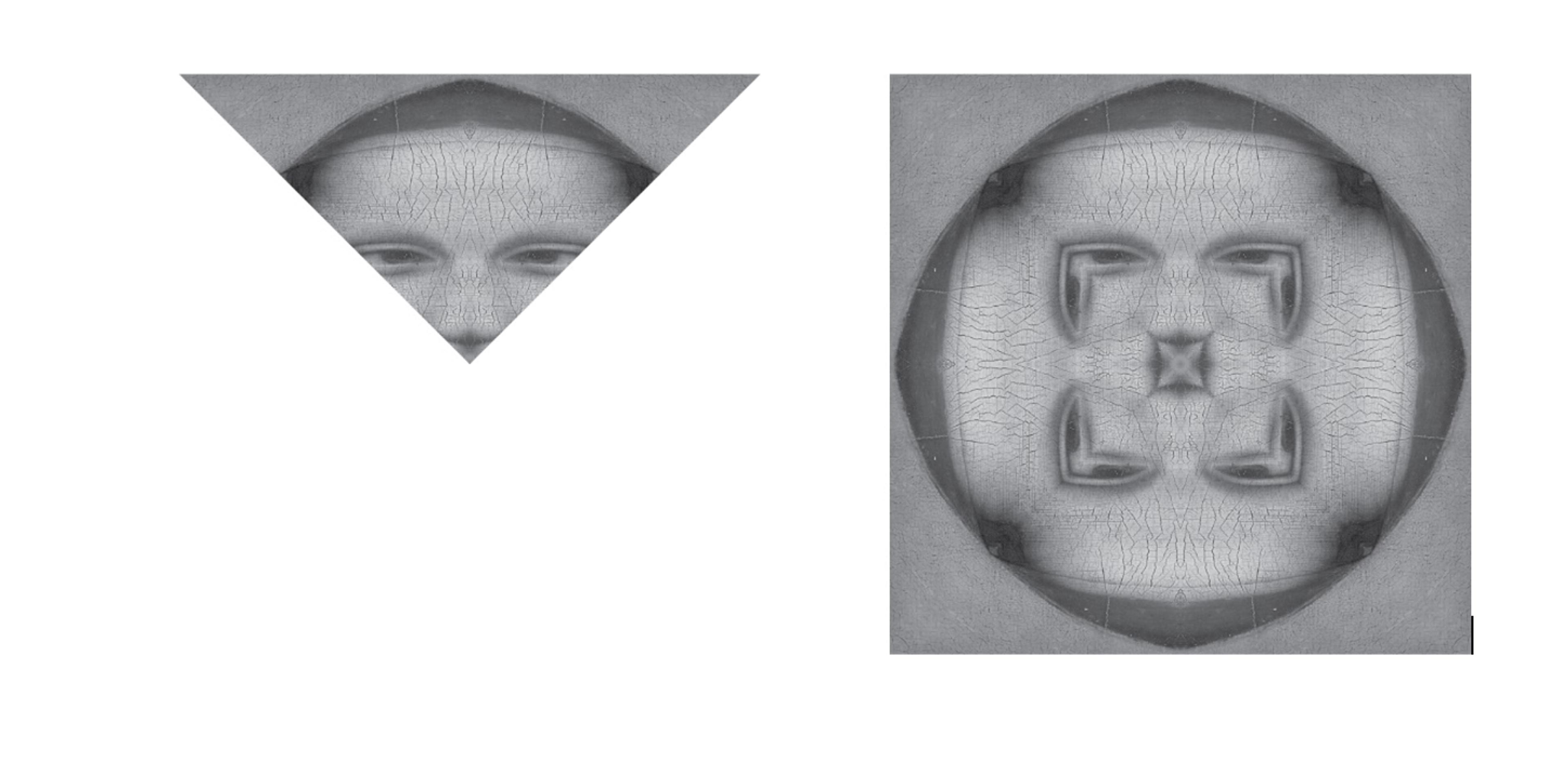 Abstract digital artwork with two kaleidoscopic renditions of a monochromatic face, one triangular and the other rectangular.