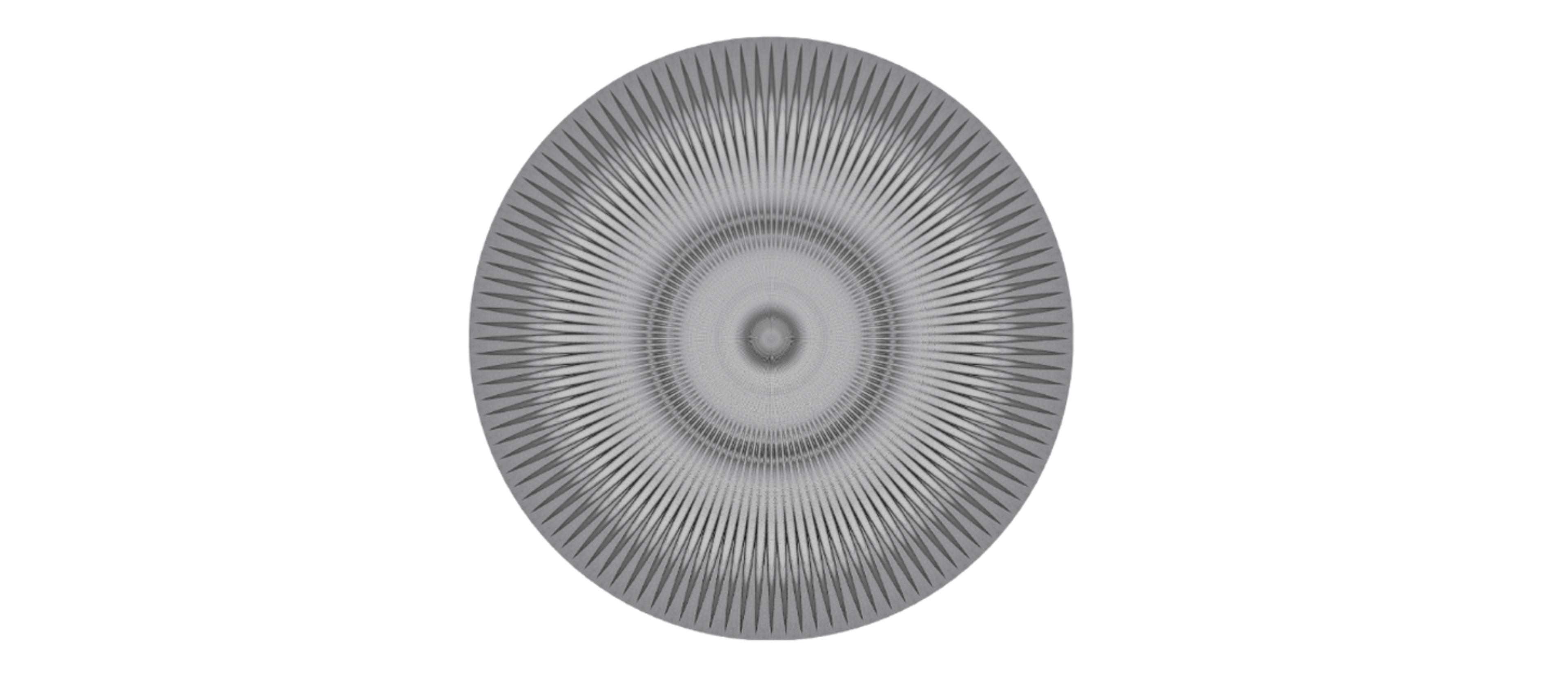Digital artwork of a circular design with intricate radial patterns and a central point, featuring grey tonal variations on a white background.