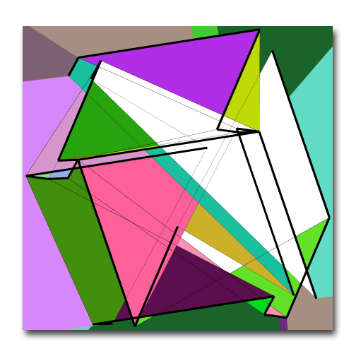 Abstract digital artwork with intersecting colourful geometric shapes in green, pink, purple, teal, and white on a square canvas.