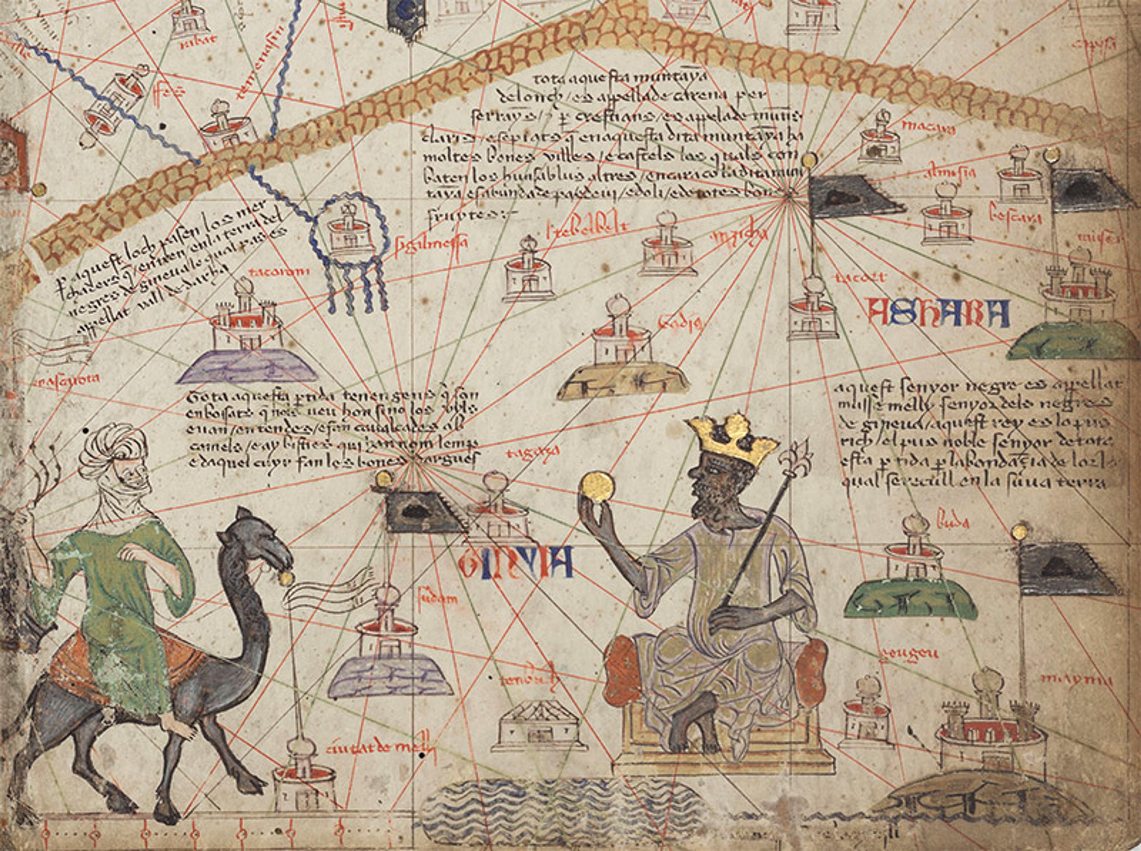 A medieval map painting with a crowned figure holding a gold coin on a throne, a person with a camel, and various labelled cities.