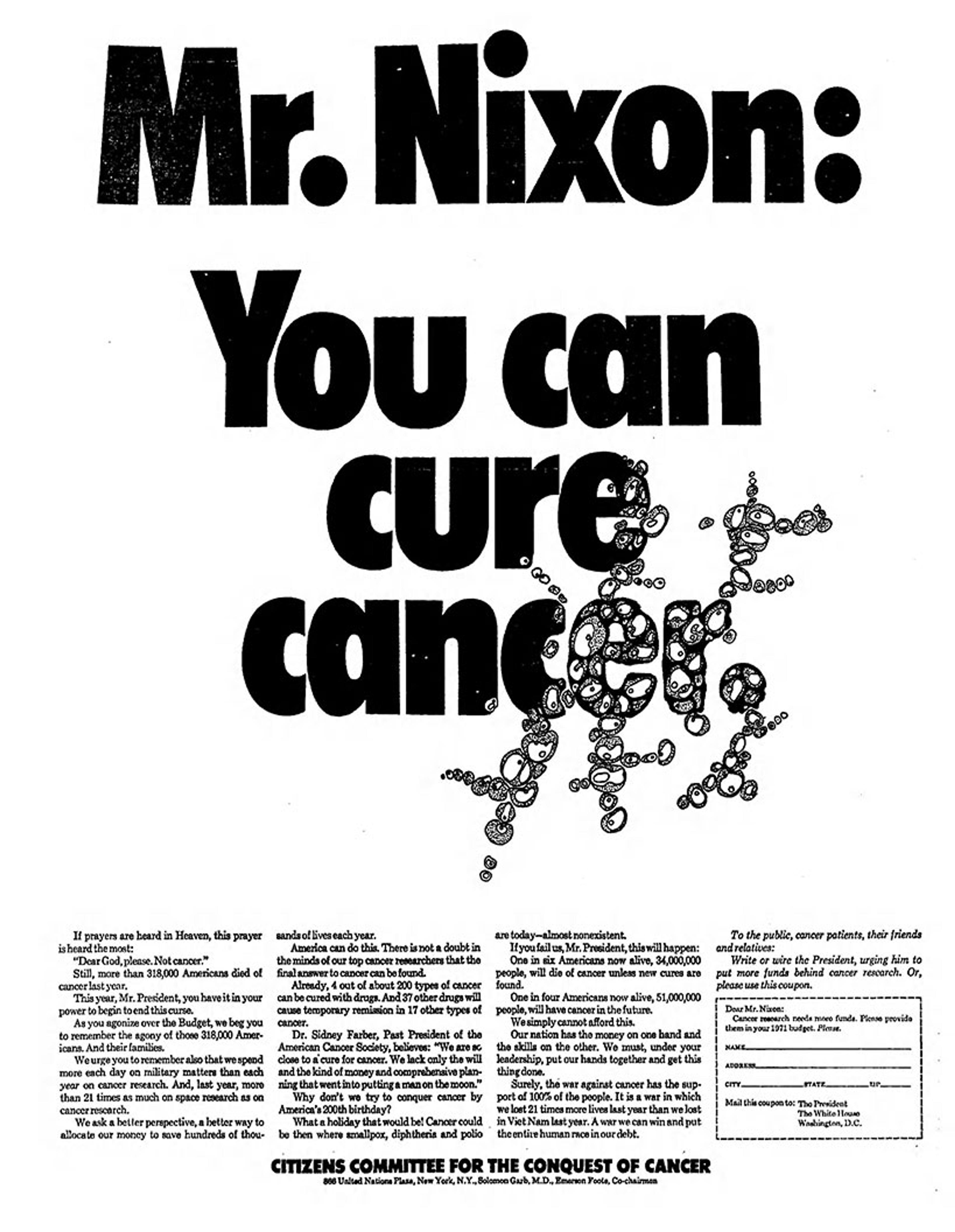 Black-and-white poster with the text “Mr. Nixon: You can cure cancer” and information advocating for cancer research funding.