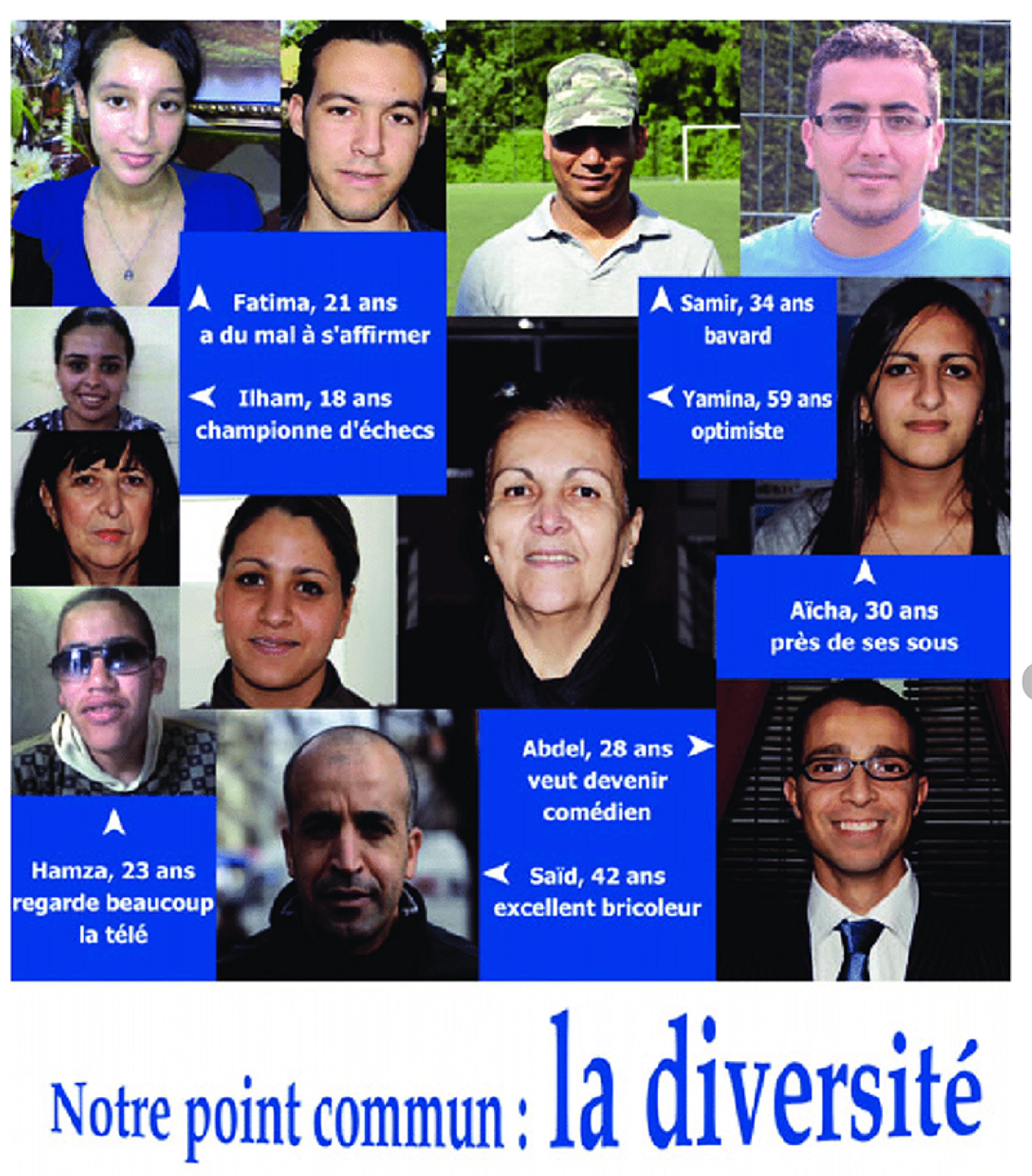 Photo collage showing diverse individuals with descriptions in French about their traits and interests, titled “Notre point commun: la diversité”.