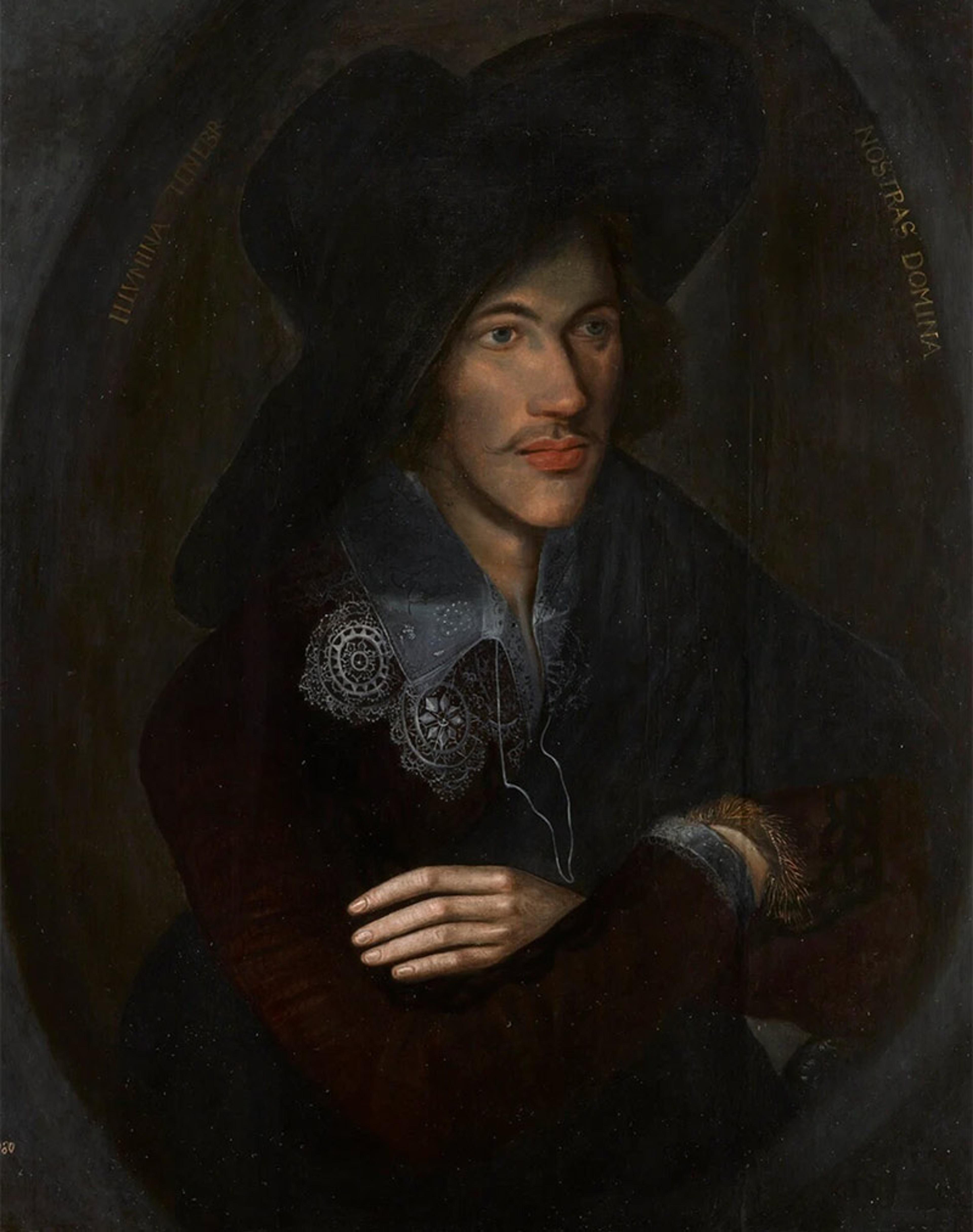 Painting of a man with a moustache wearing a dark wide-brimmed hat, lace collar, and dark clothes, sitting with his arm crossed.