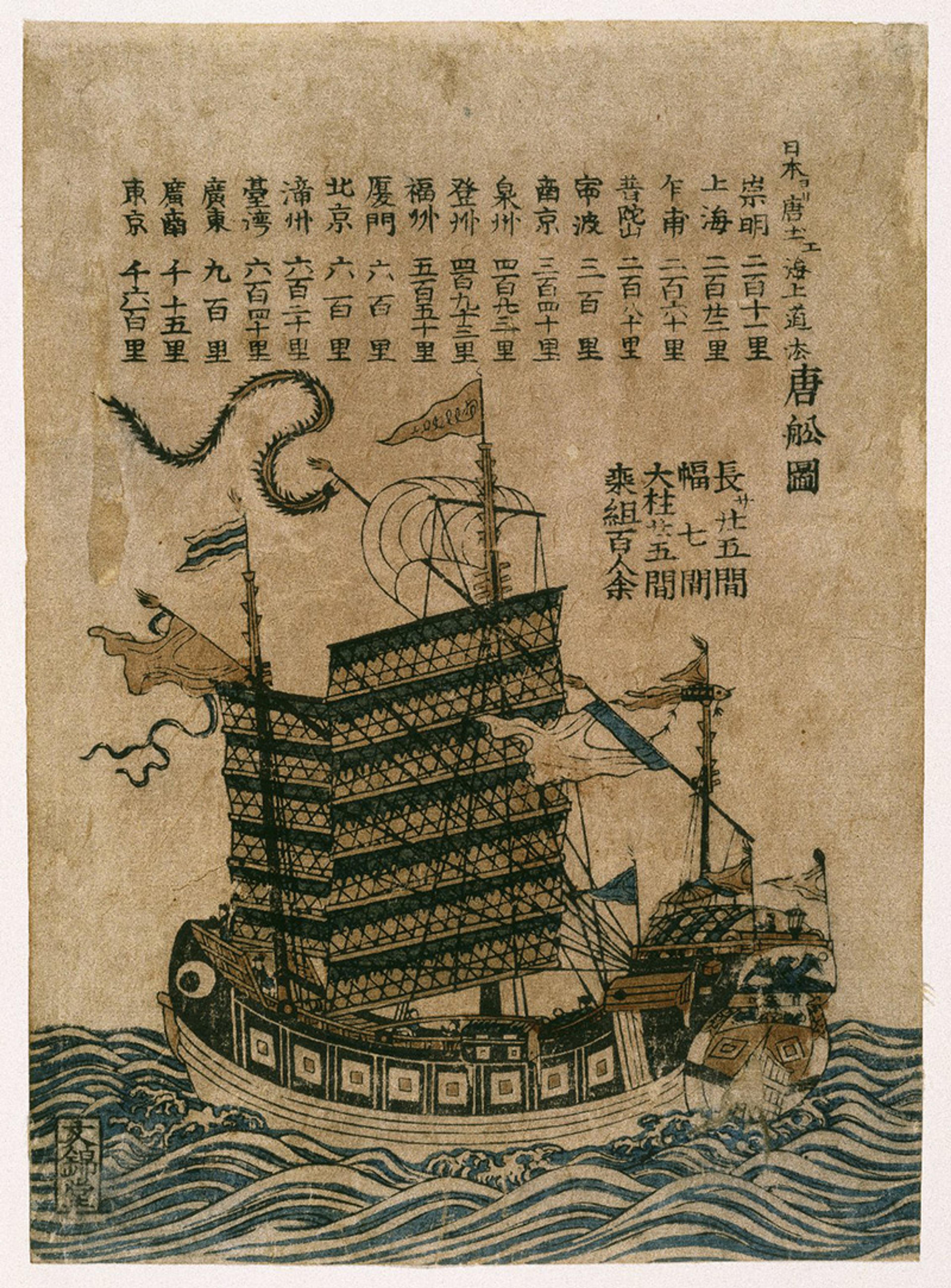 Illustration of an ancient ship with multiple sails and Japanese text above. The ship is on waves; vintage-style artwork.