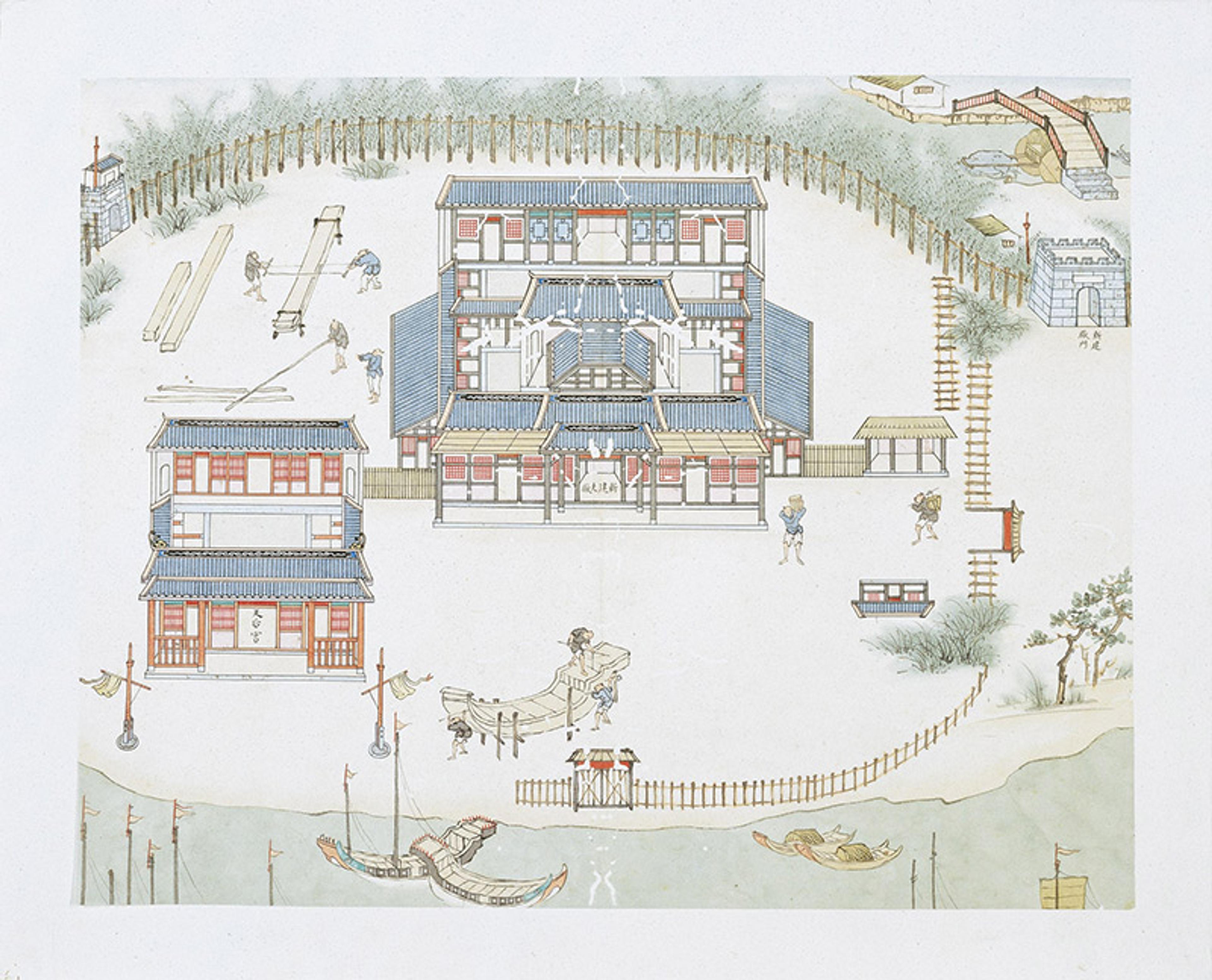 Painting of a traditional Japanese building complex with surrounding landscape, figures, boats and trees in a detailed, delicate style.