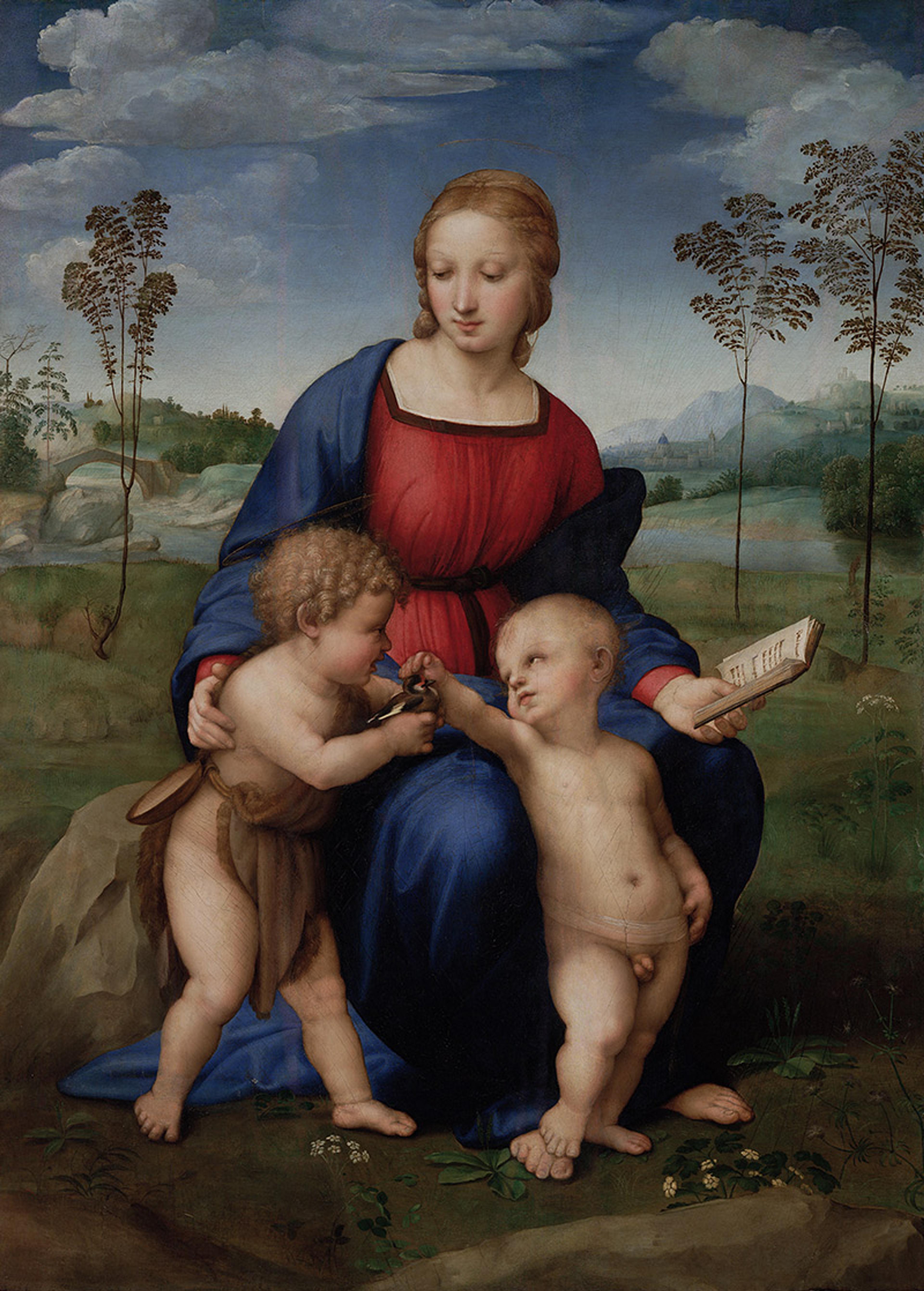 A painting of a woman in red and blue robes, seated with a book, accompanied by two small, naked children, set against a rural landscape with trees.