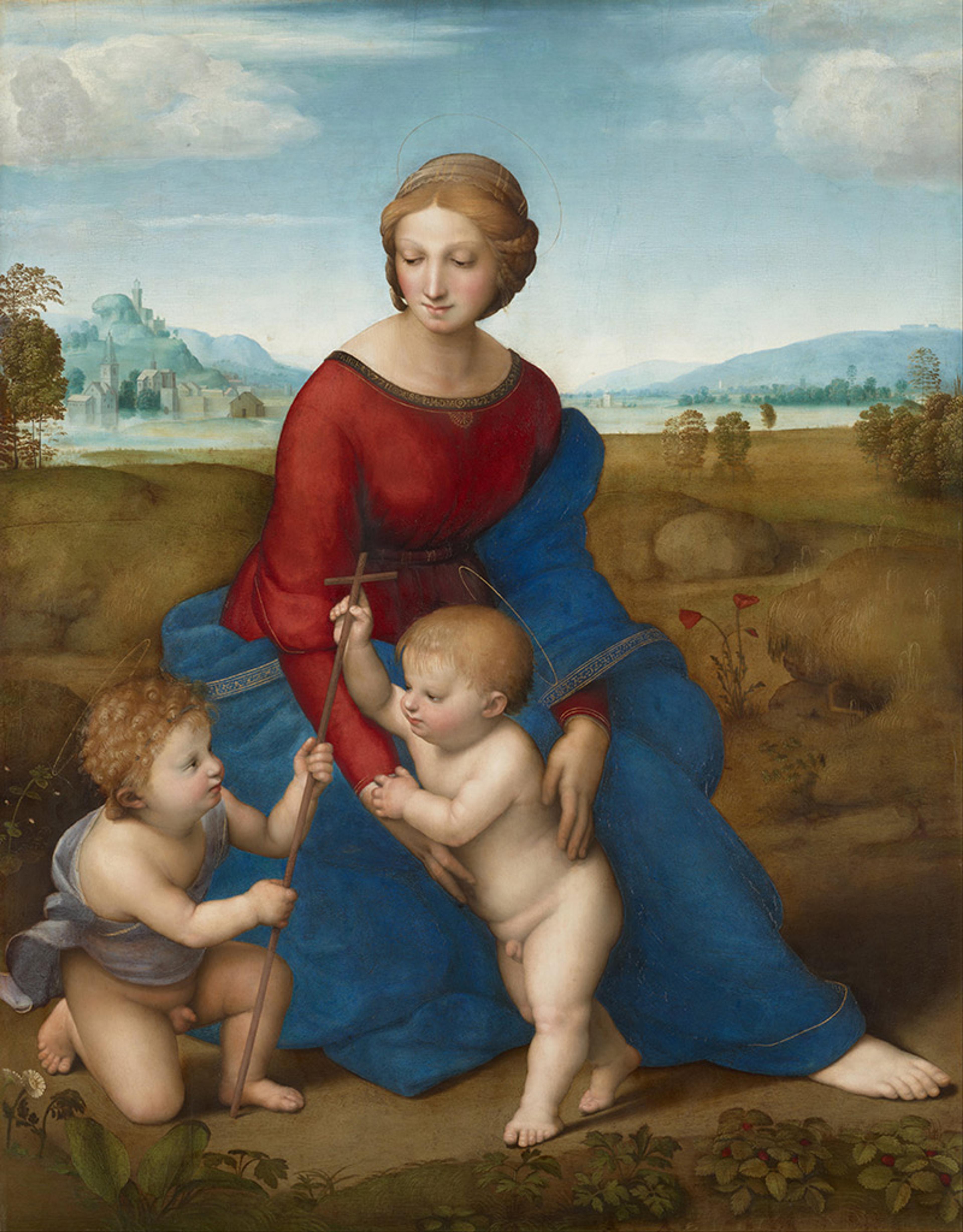 A painting of a woman in red and blue robes with two naked toddlers outside, one holding a cross. Hills and buildings in the background.