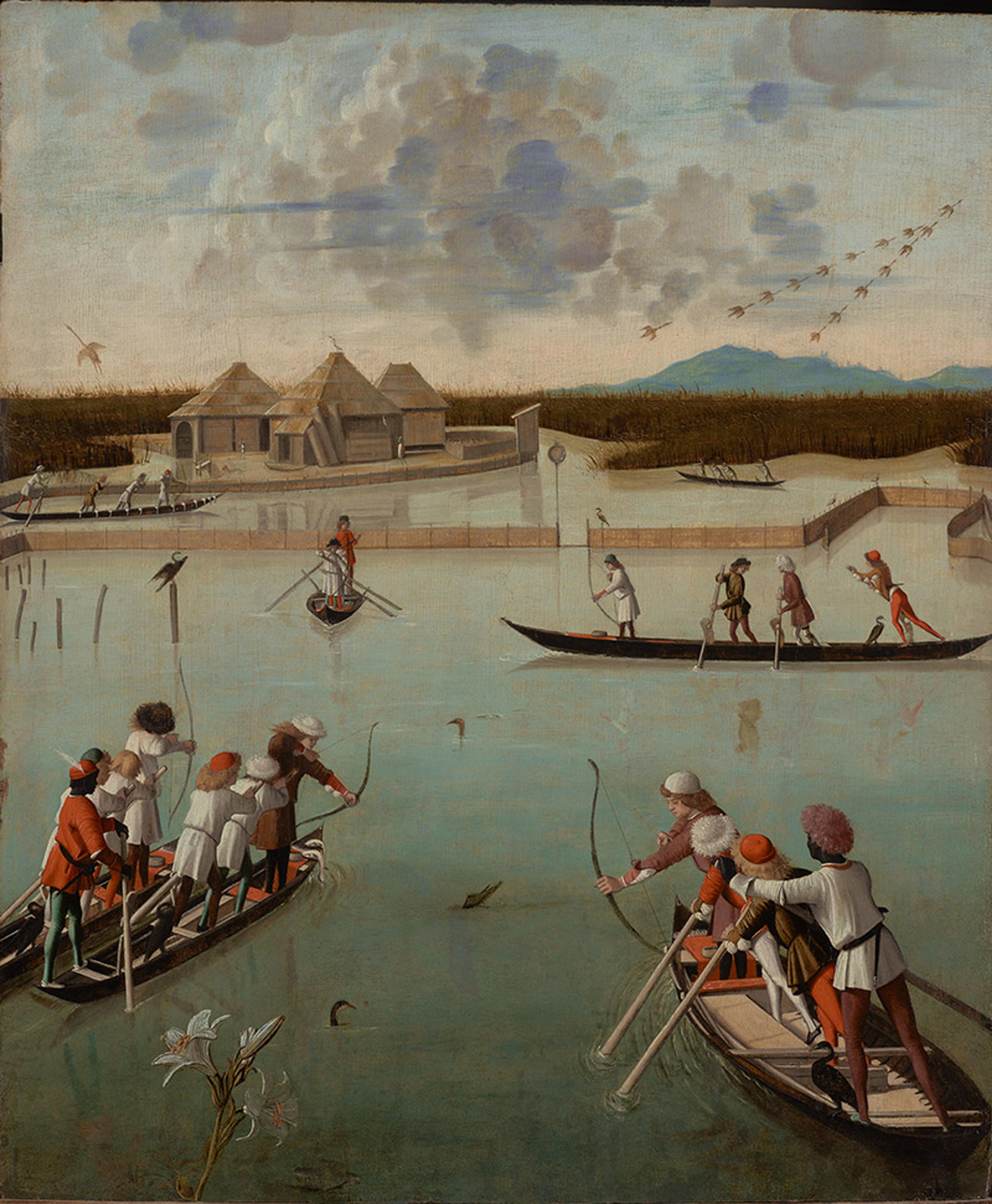 Close-up of Medieval painting of boatmen fishing with bows and arrows on a calm lake, with stilt houses in the background, under a cloudy sky.