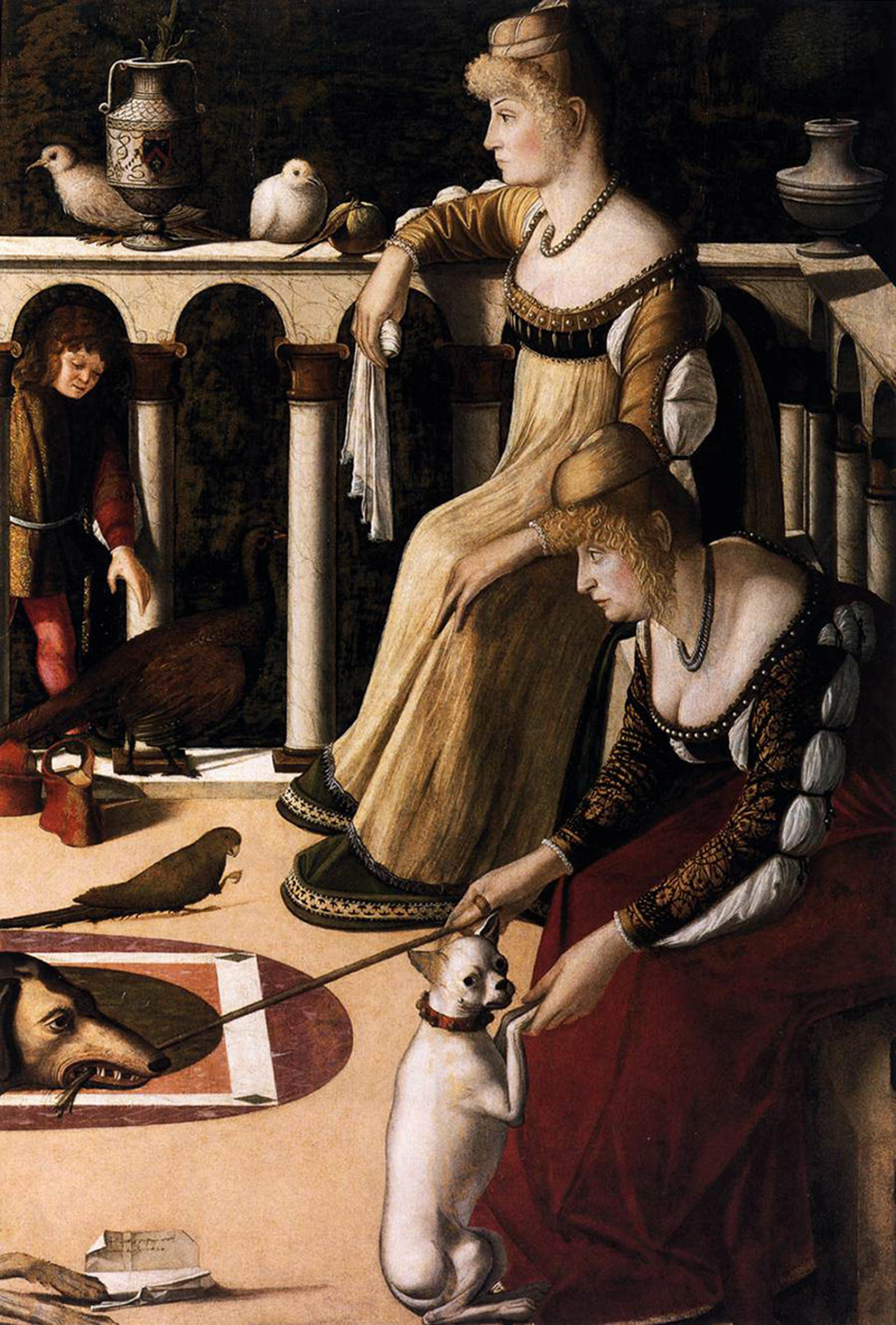 Close-up of painting of two women on a balcony. One woman pets a dog, the other gazes into the distance. Birds and an urn are on the railing.