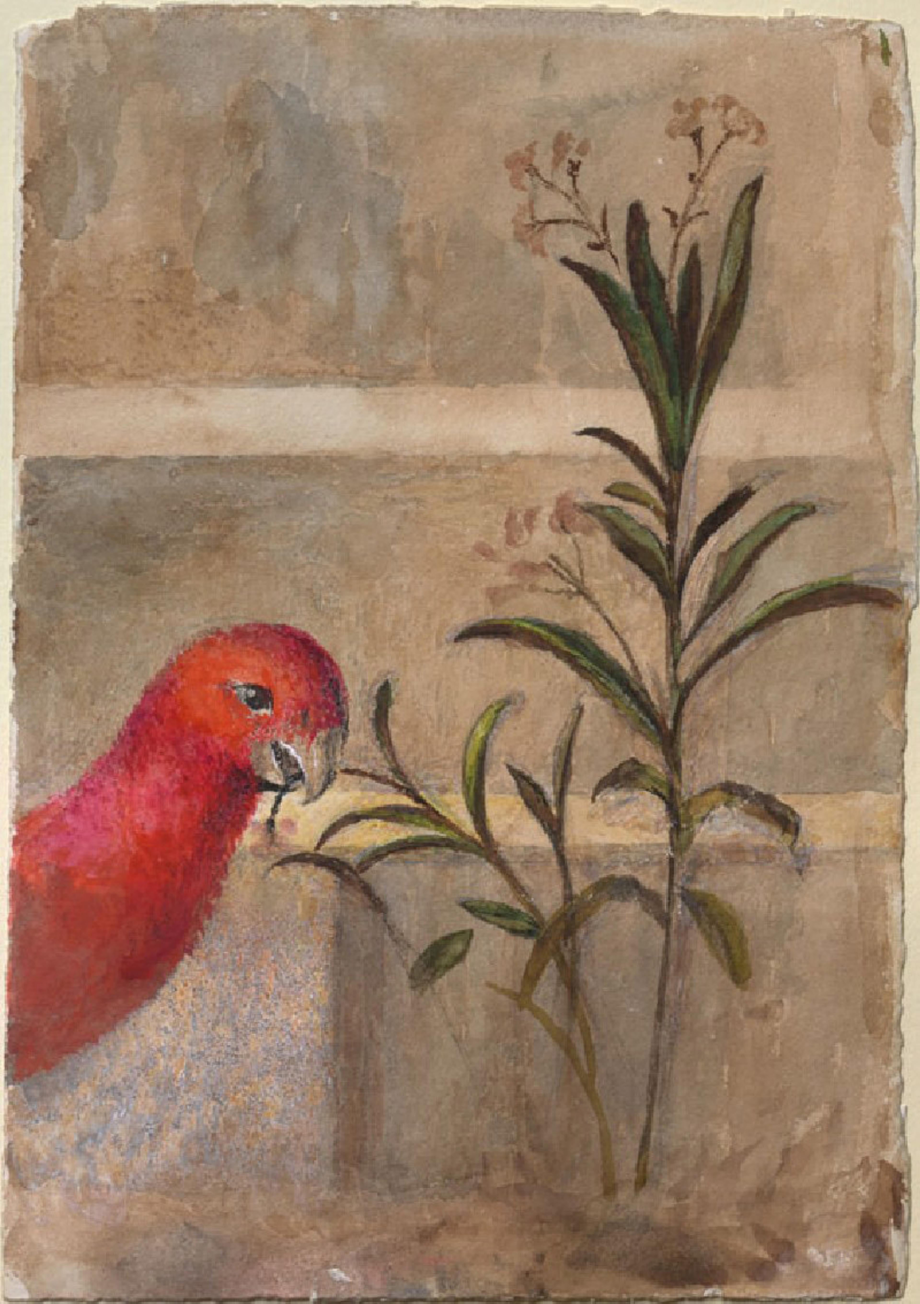 Close-up of painting of a red bird next to a plant with green leaves and small flowers against a rustic beige background.