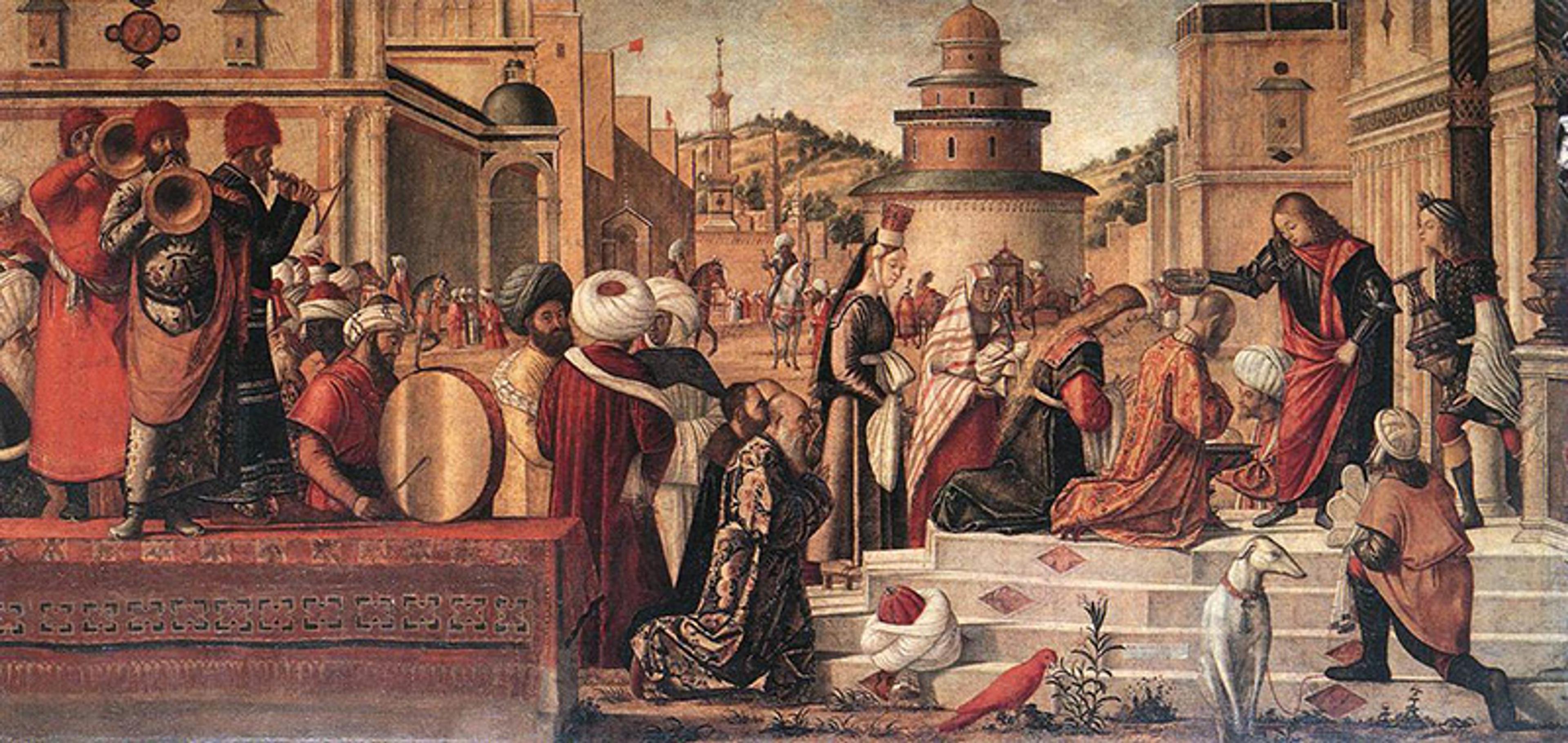 Painting depicting a scene with musicians playing trumpets and drums, people in turbans and robes, and a cityscape in the background.