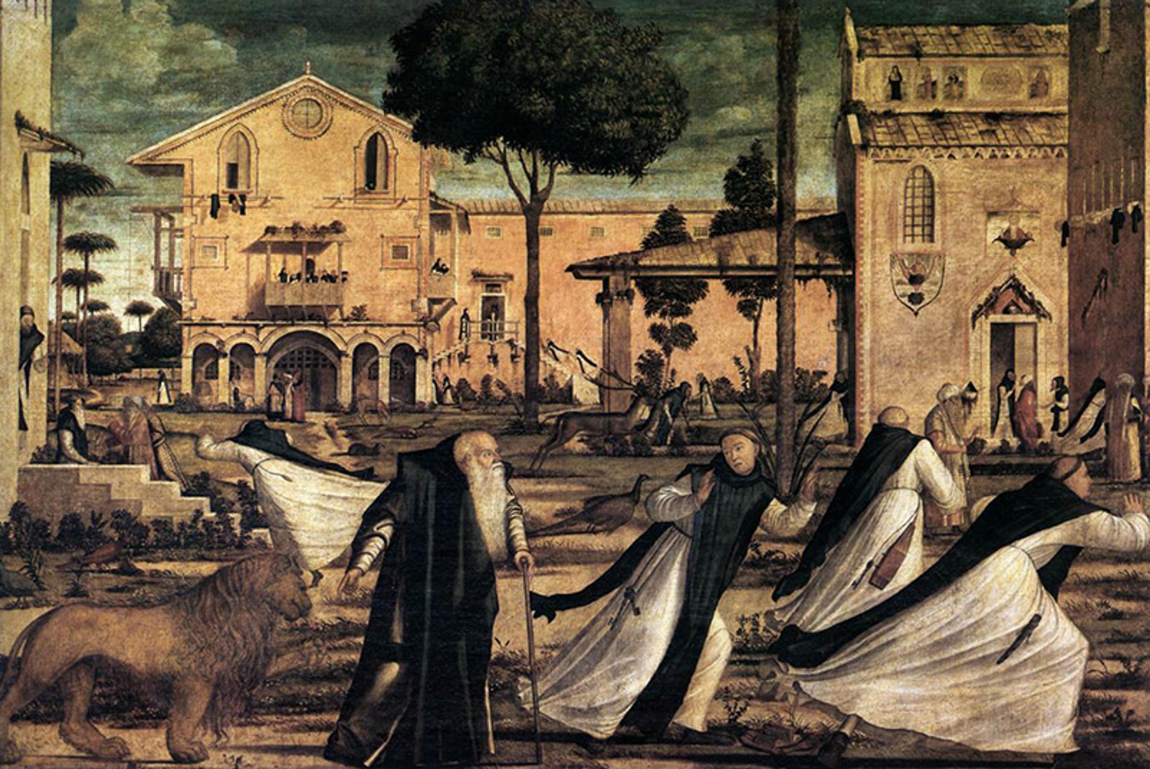 Painting of monks in a courtyard running away from a bearded older man leading a lion, with trees and an ancient building in the background.