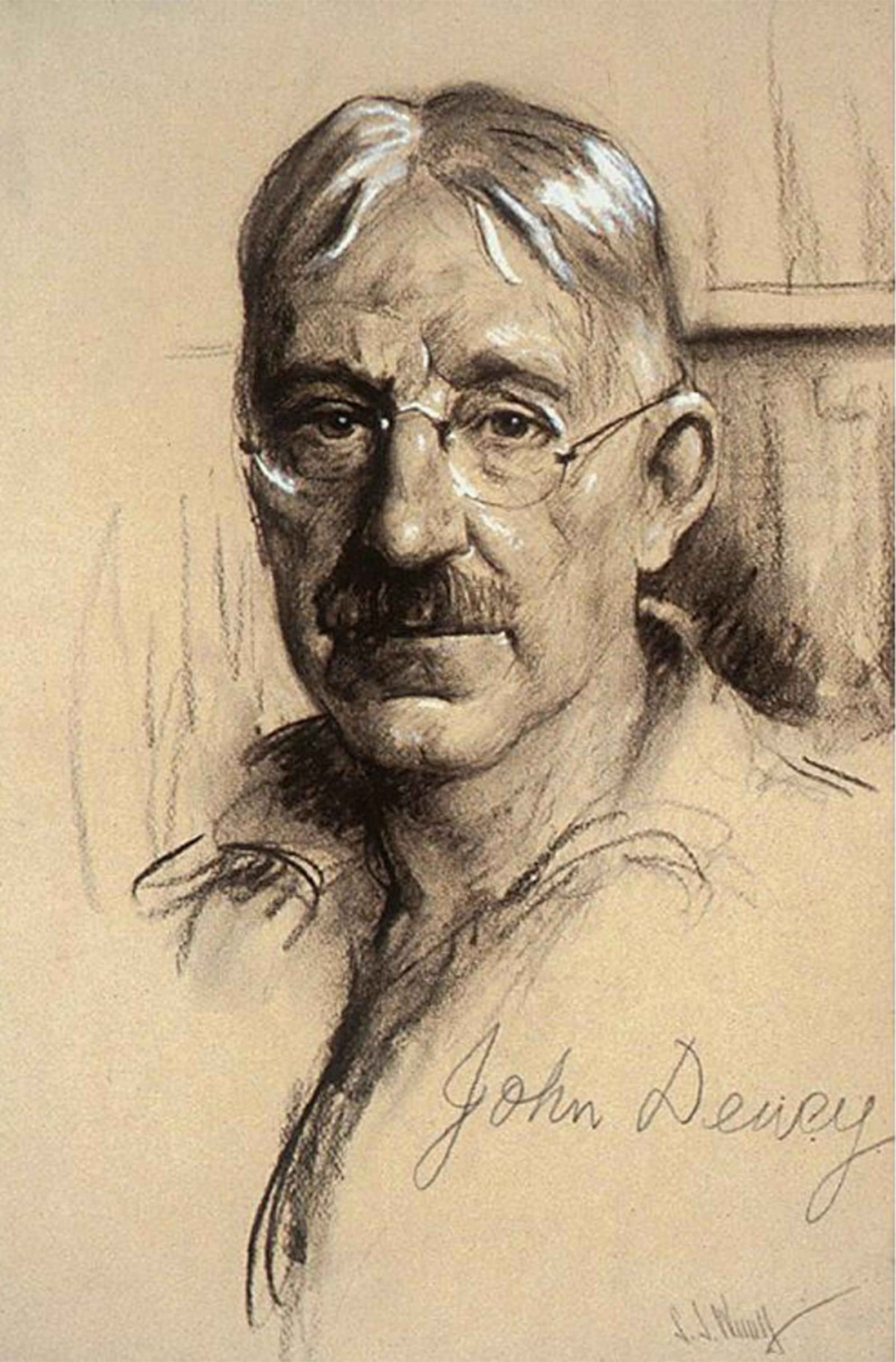 Sketch of an older man with glasses and a moustache, signed “John Dewey” in the corner, created with charcoal on paper.