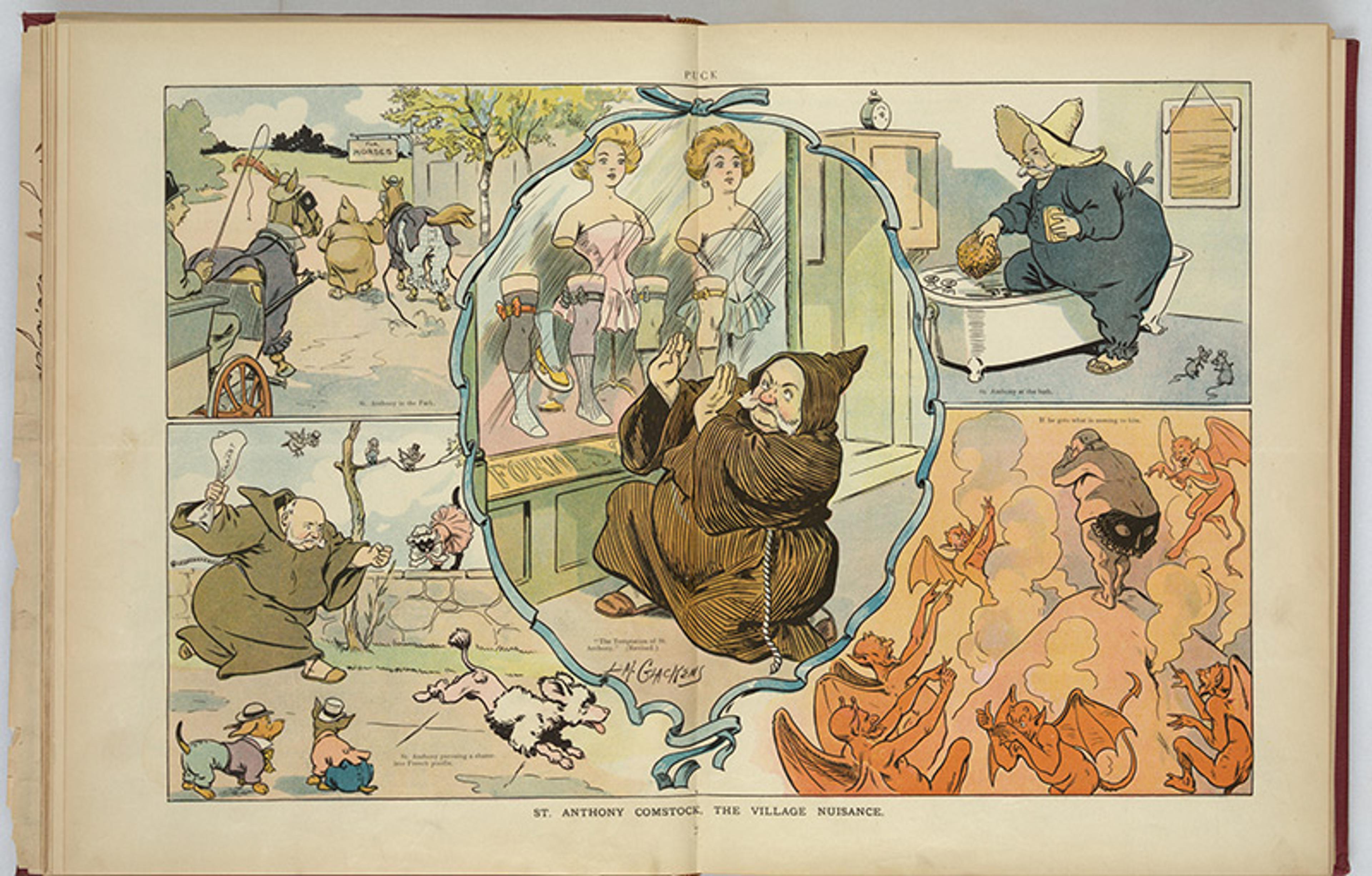 Cartoon depicting a monk, frightened by women and demonic figures, surrounded by various humorous scenes. Titled ‘St Anthony Comstock: The Village Nuisance’.