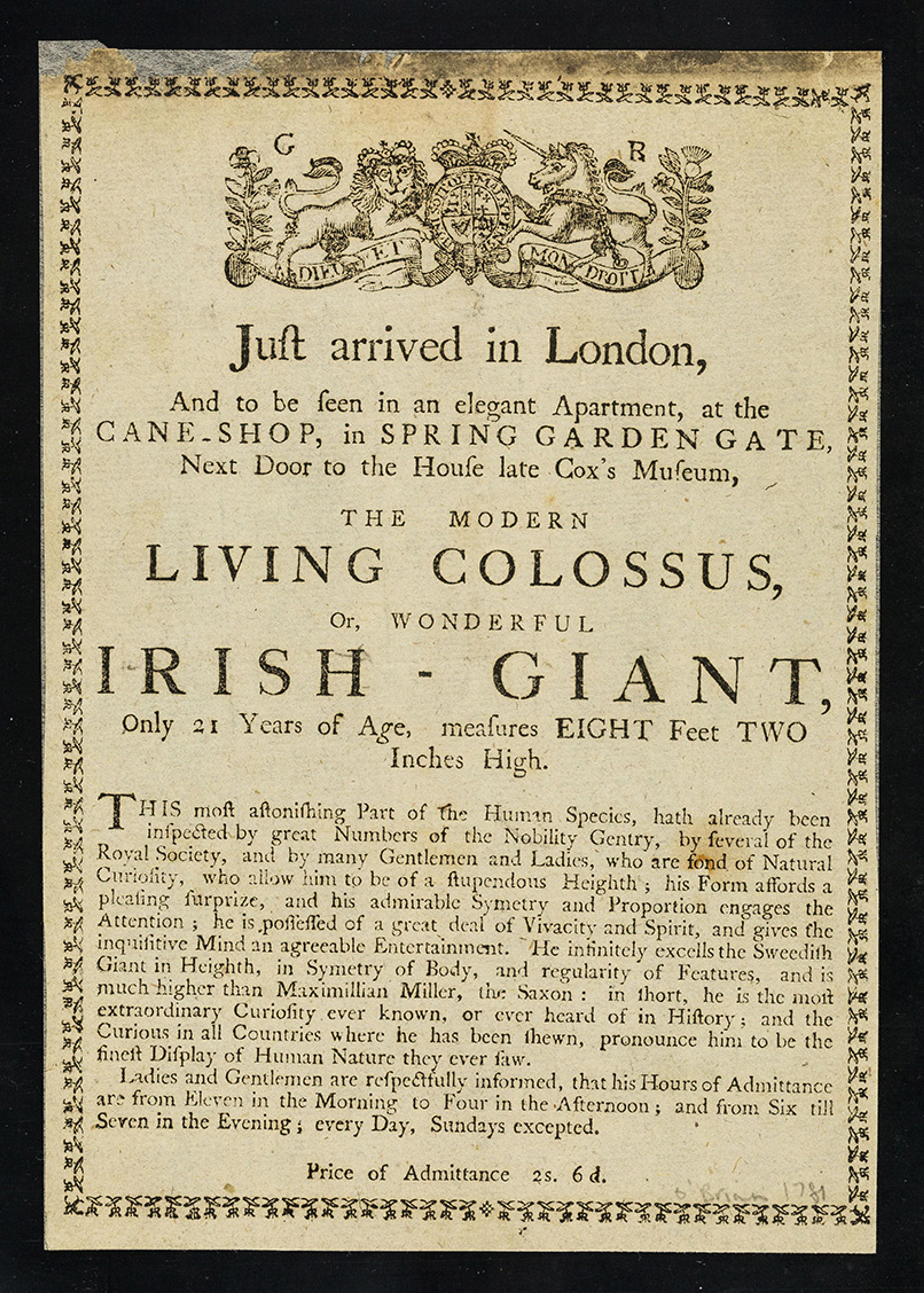 An old newspaper sheet with a headline that reads ‘Just arrived in London’ and goes on to announce the arrival of the Irish Giant