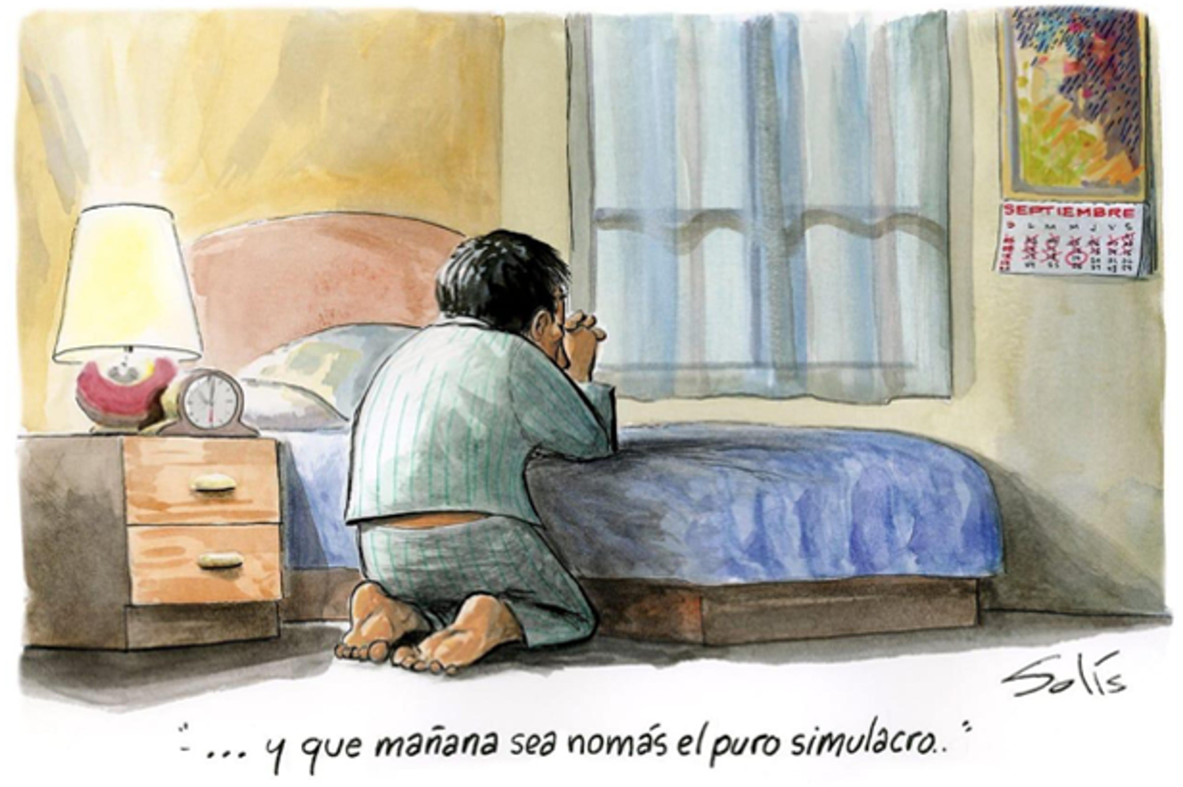 A cartoon depicts a man in his pyjamas praying beside his bed; a wall calendar displays the month of September