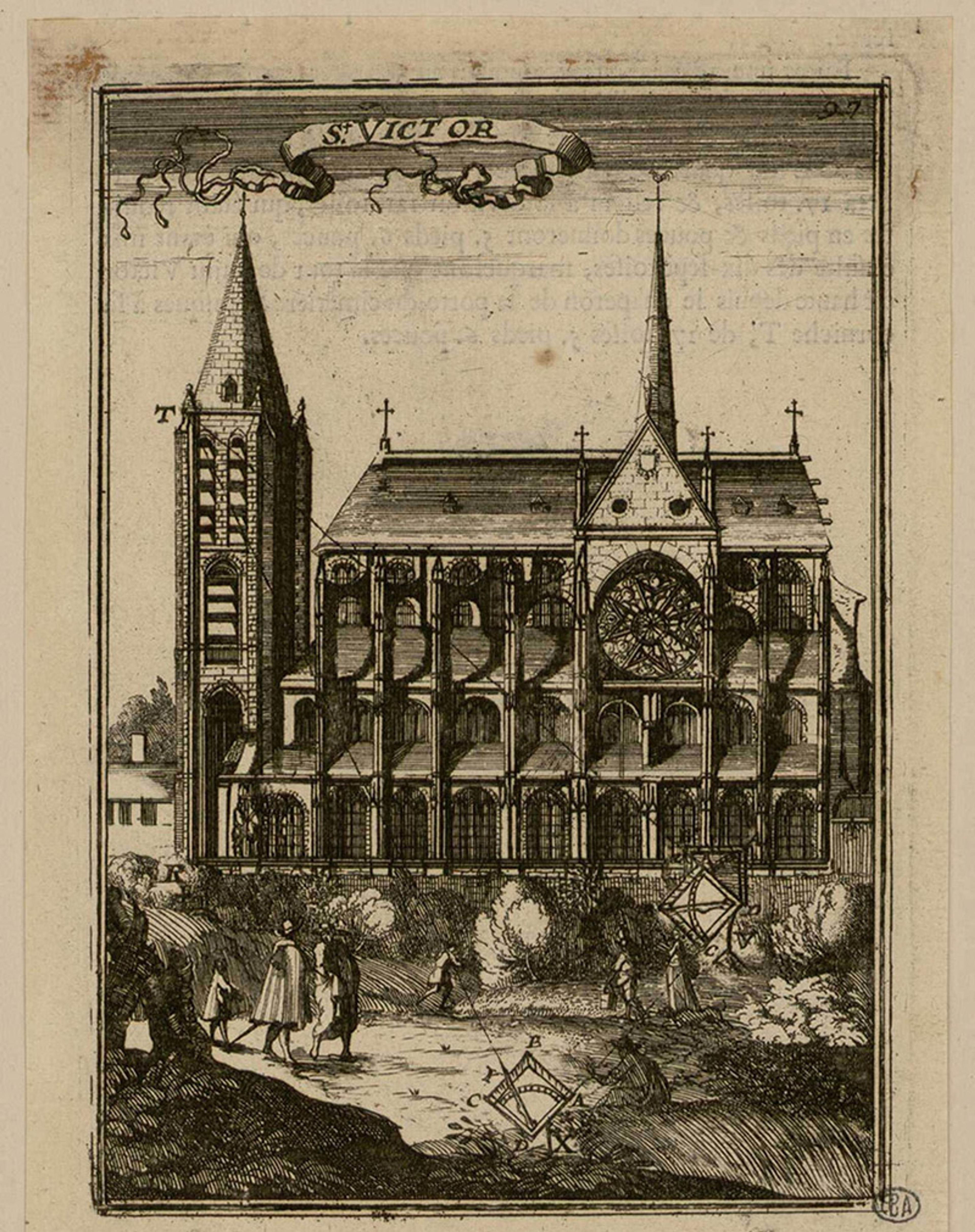 An 18th century single page engraving of an abbey