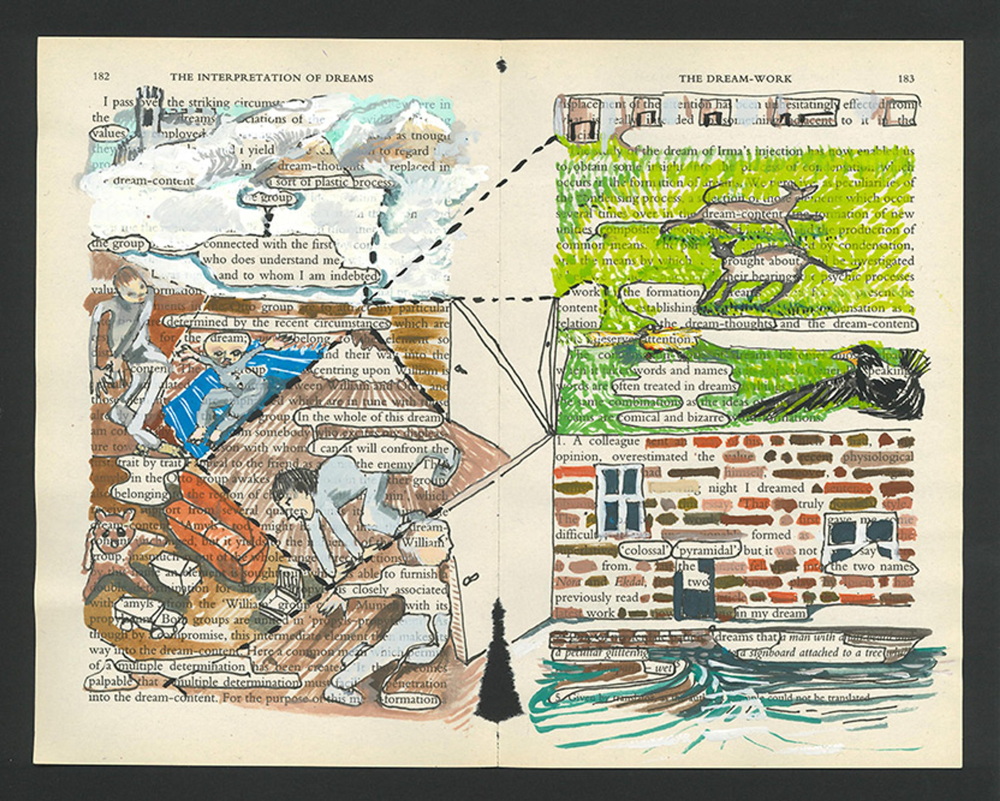 children and household objects are drawn on the left hand page of an open copy of Freud's book the Interpretation of dreams. On the right hand page is are drawn cats, crows, brickwork and flowing water