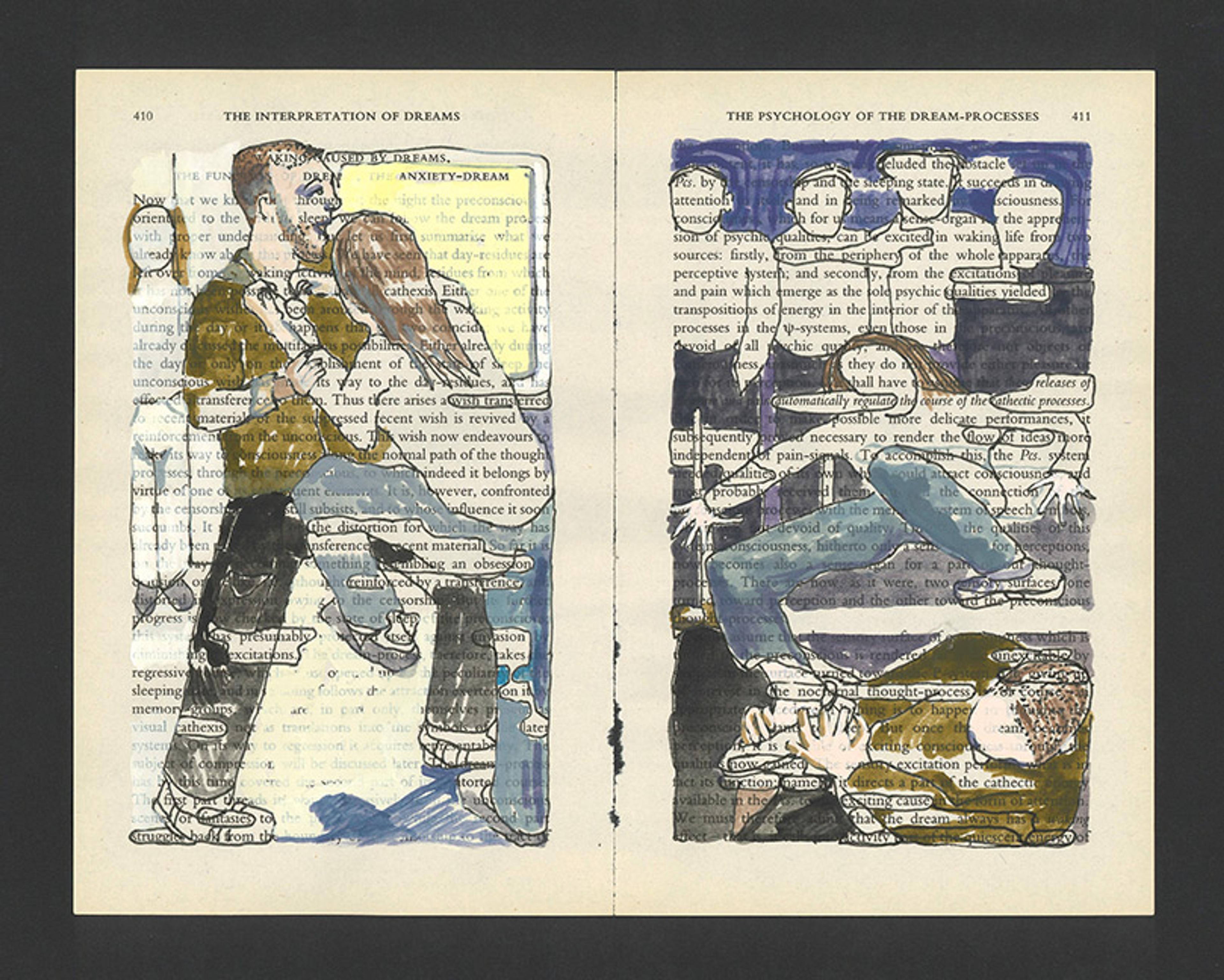 a woman fighting off a man is drawn on the left hand page of an open copy of Freud's book the Interpretation of dreams. On the right hand page the woman is kicking the man in the street in front of onlookers