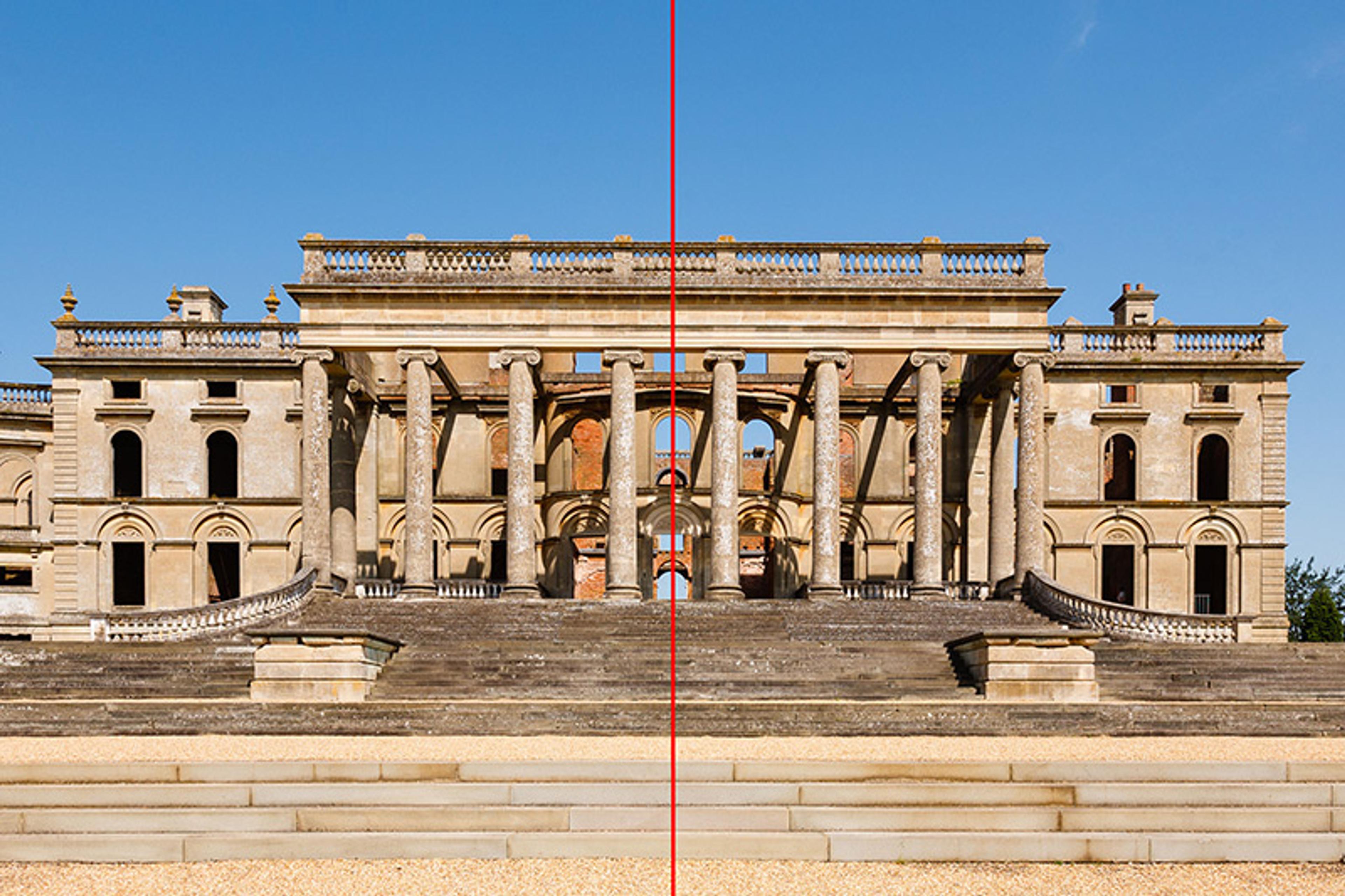 A grand building seen from the front facade with a red line applied to indicate the centre mirror line