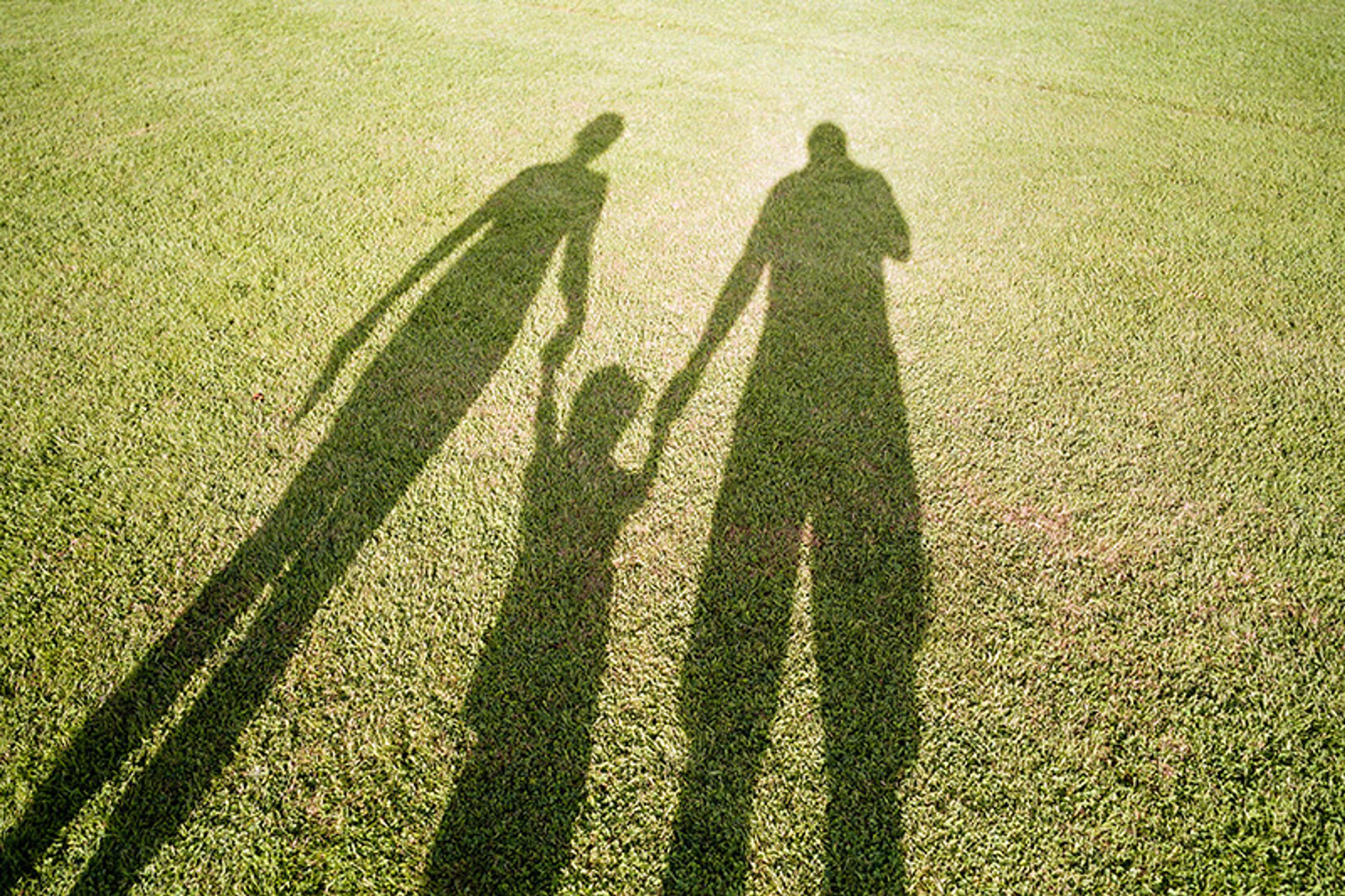 The lengthened shadow of two adults each holding a child’s hand is seen on a lawn