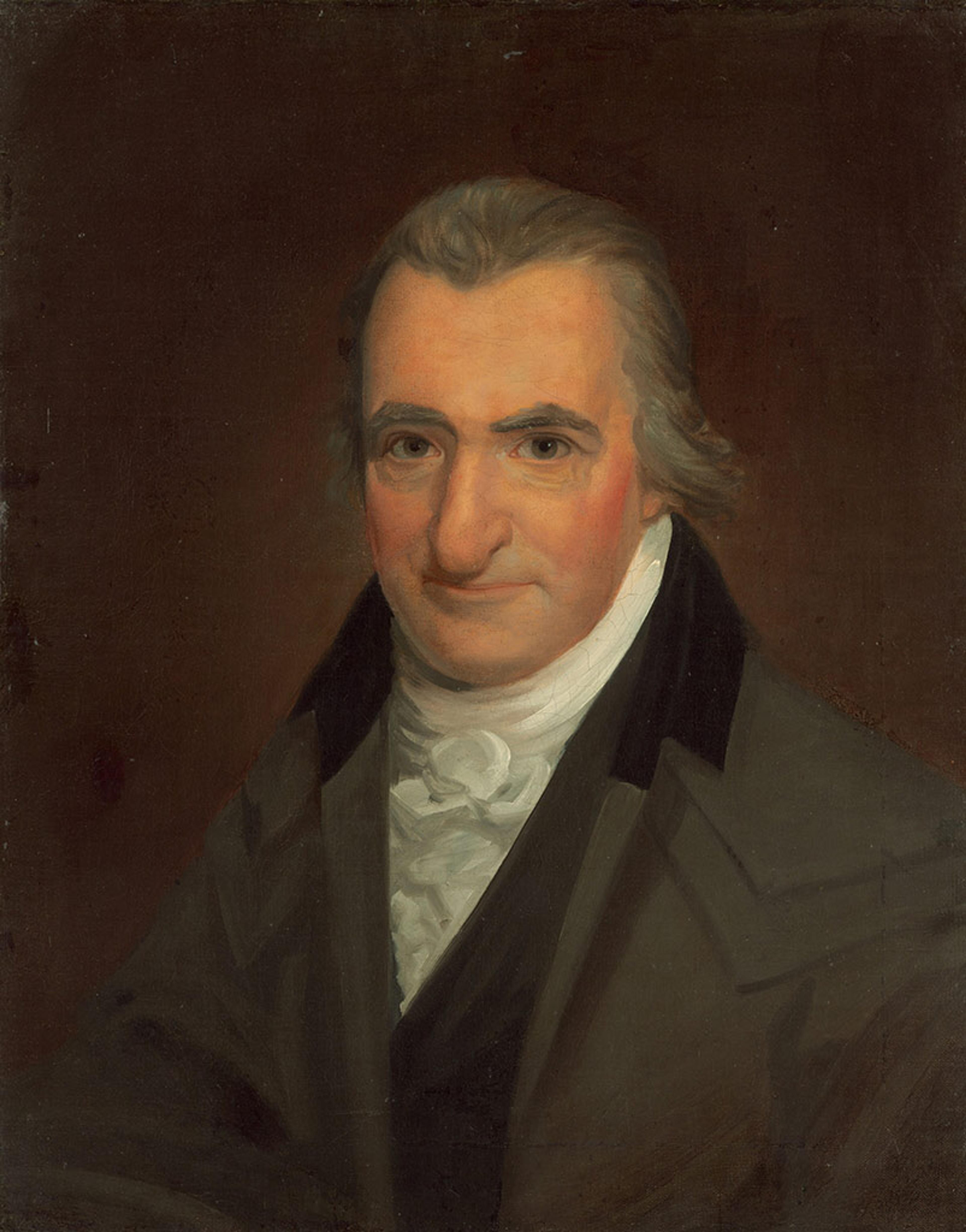Portrait of an older man with light grey hair wearing a dark coat and white cravat. The background is dark brown, and the man is gazing forward with a slight smile. The painting has a classical style.