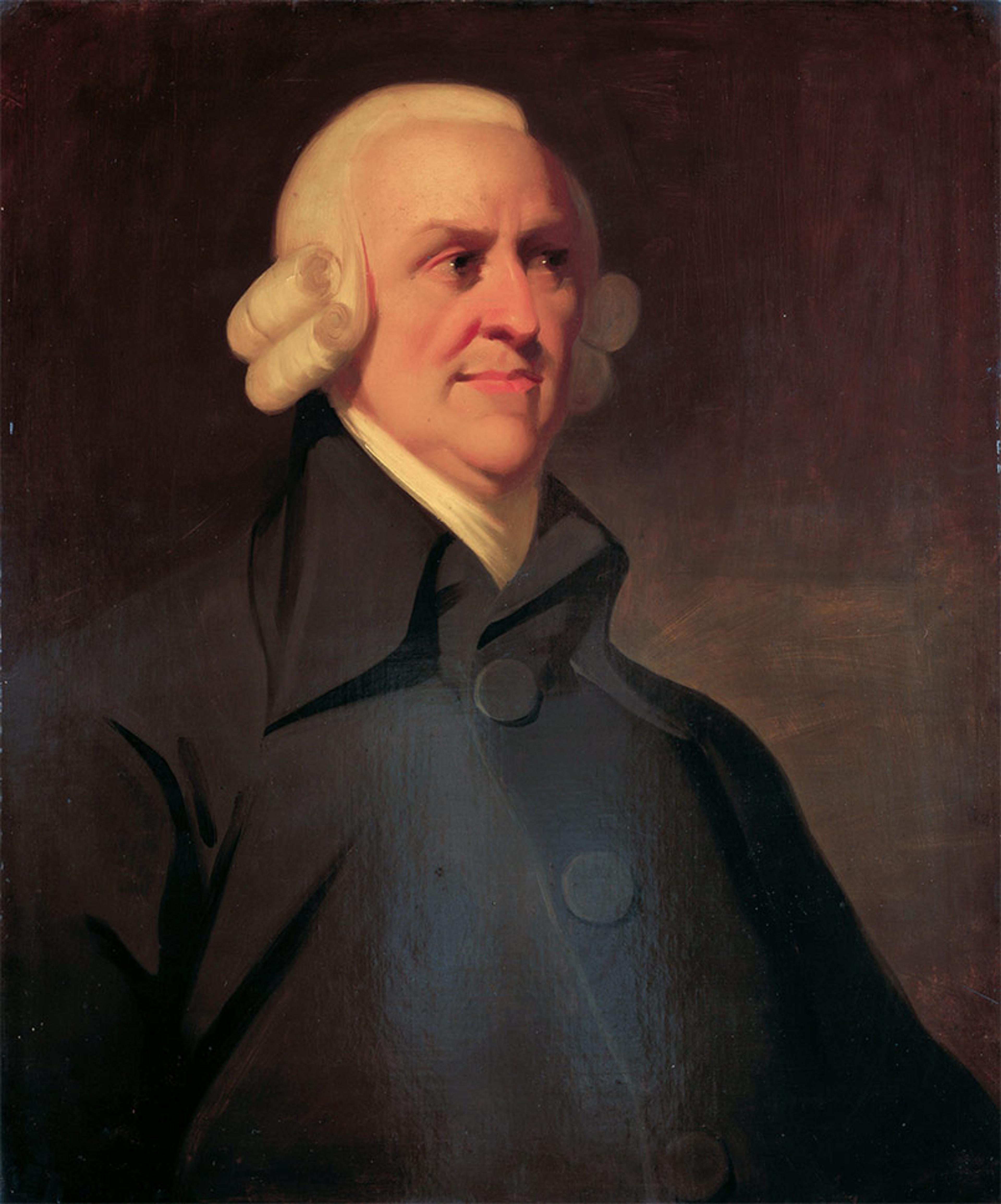 Portrait of a man with white hair in an 18th-century style wig, wearing a dark coat with a high collar and large buttons, depicted against a muted brown background. The man is looking slightly to the right with a serious expression.