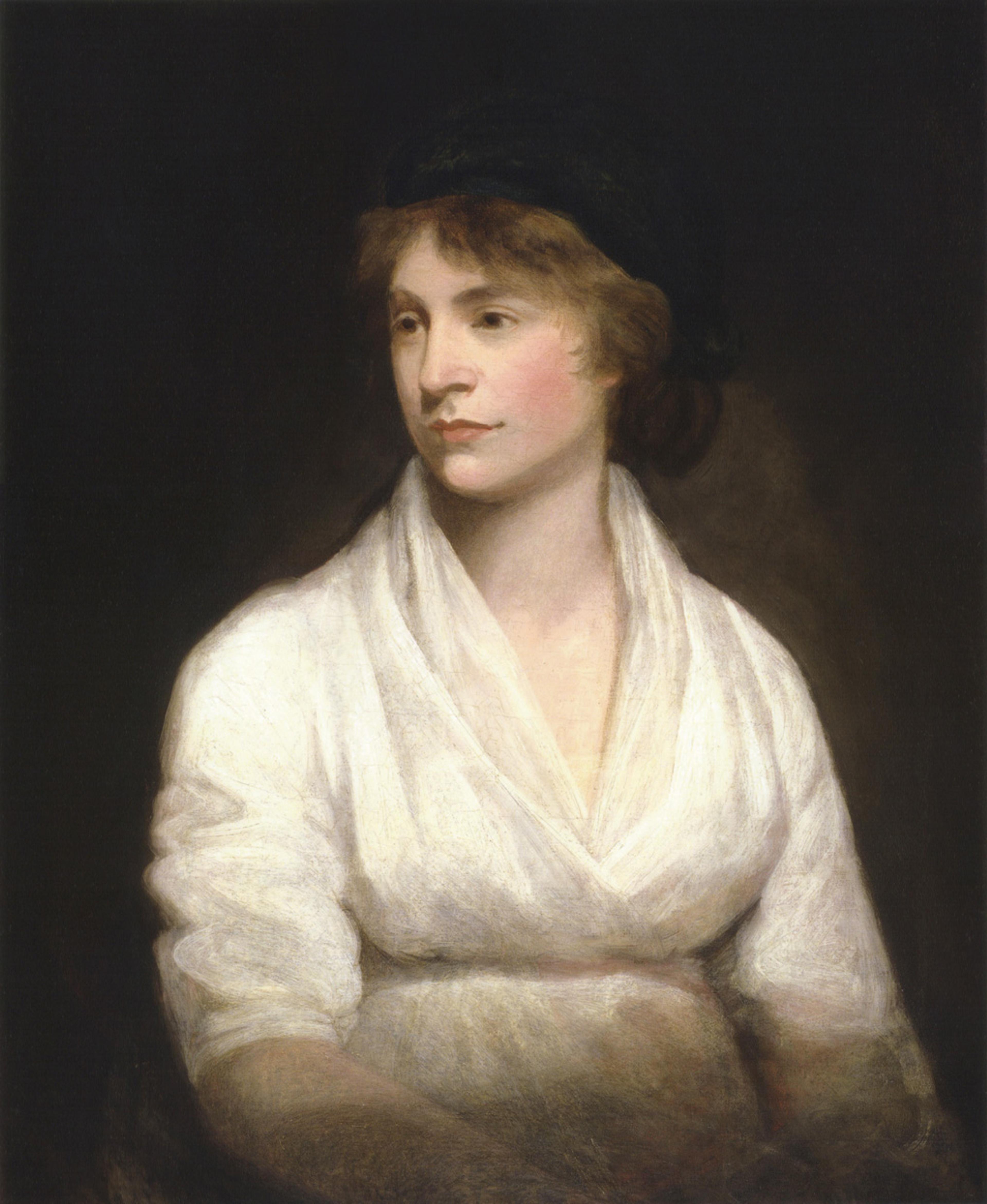 A classical portrait painting of a young woman with short curly hair wearing a white dress with a deep V-neck. She is facing forward but looking slightly to her left, set against a dark background. The painting style suggests it is from an earlier historical period.