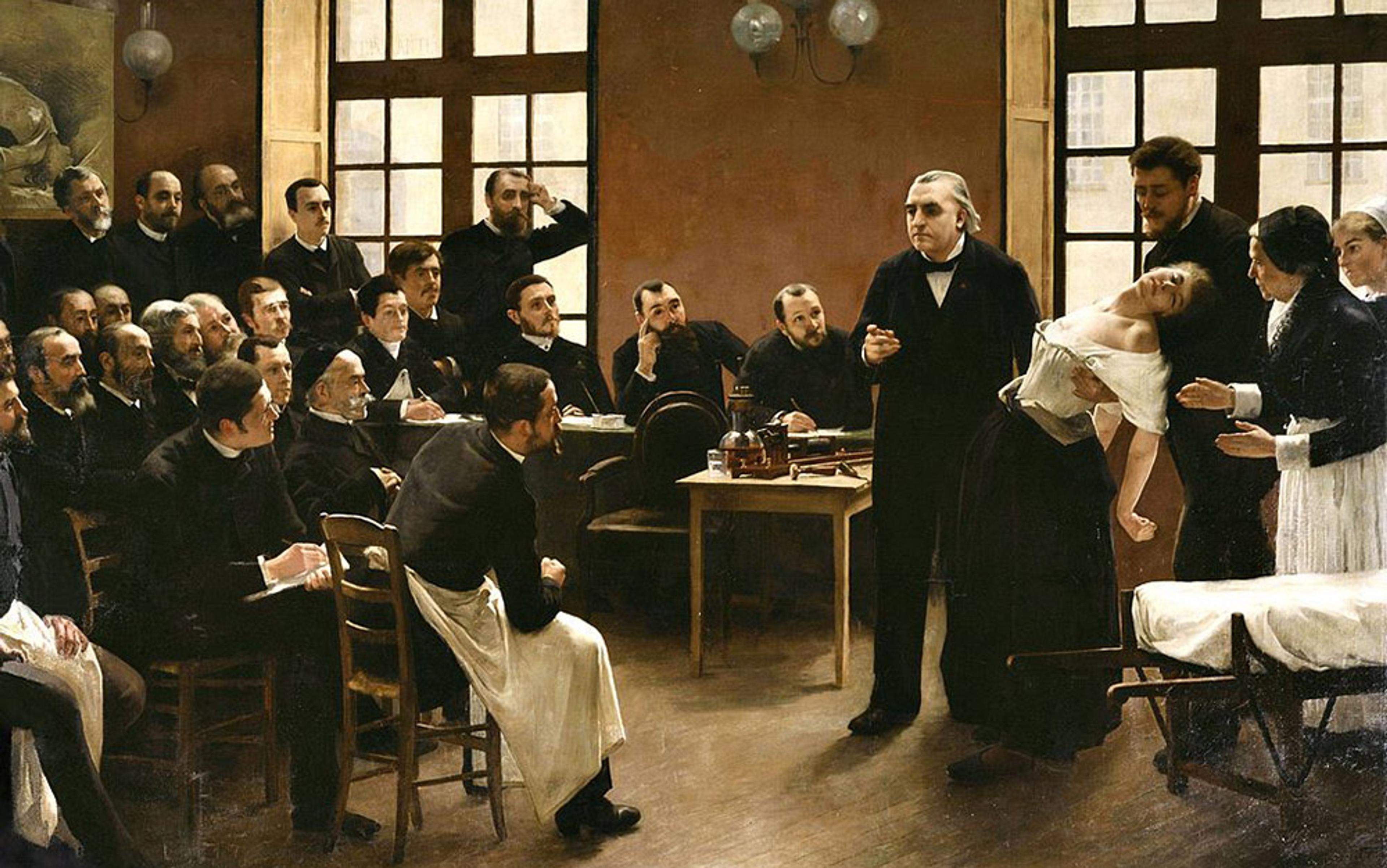 A painting of a medical lecture with a man demonstrating a procedure on a woman while a group of men attentively observes.