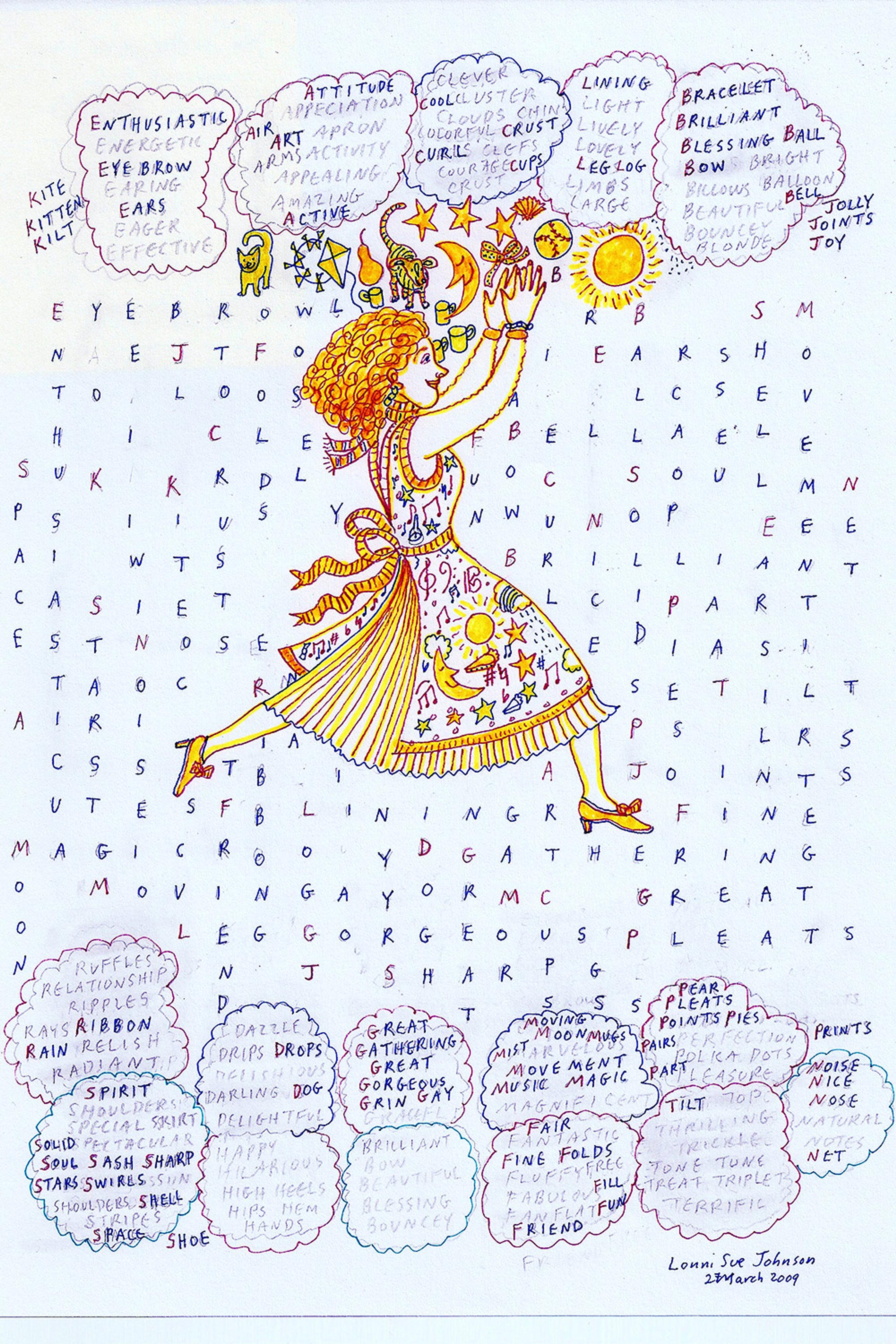 Painting of a woman in a dress with words surrounding her and a background of letters, dated 28 March 2009, by Lorna Sue Johnson.