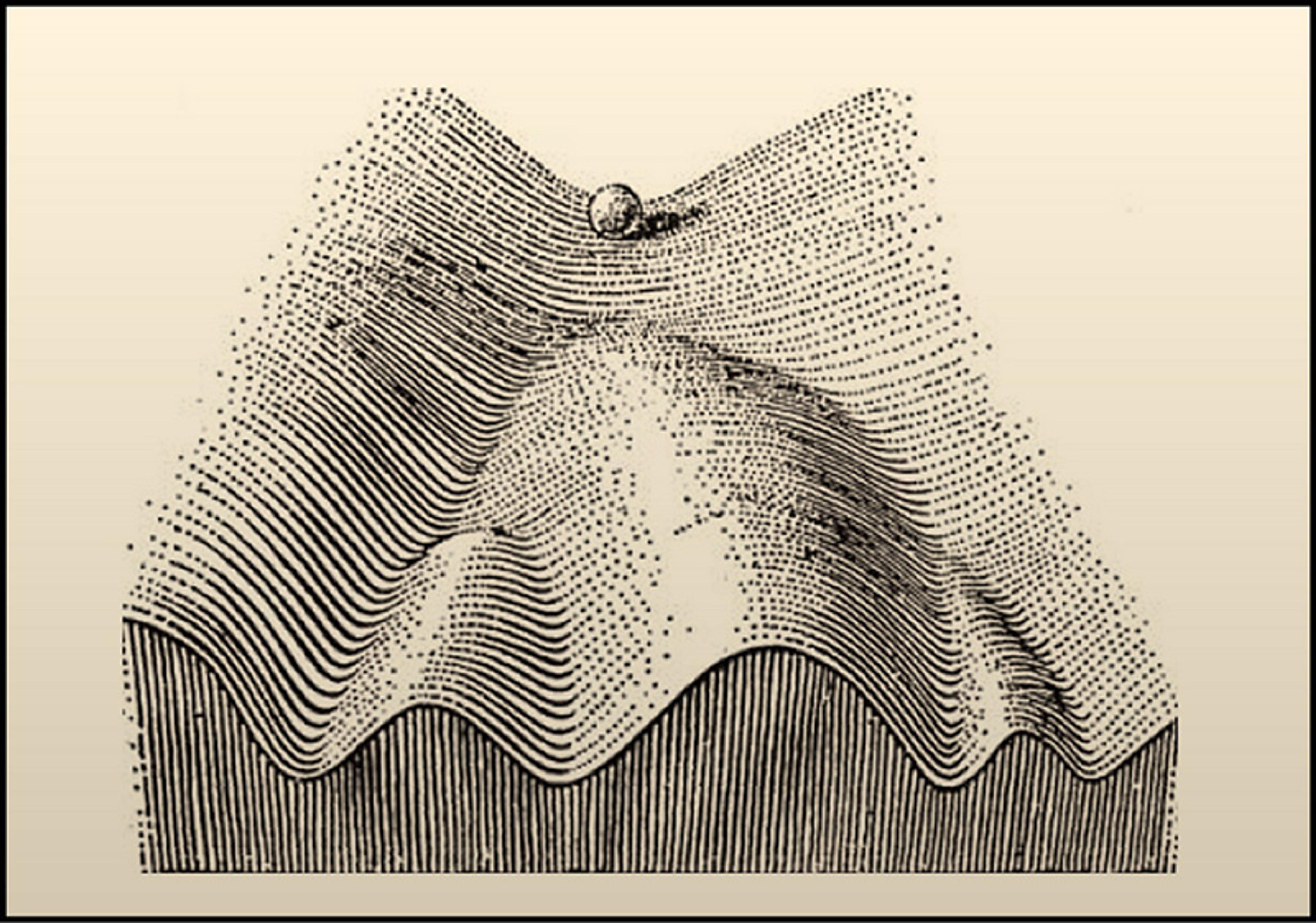 Black-and-white illustration of a ball sitting on a hilly, wave-like landscape made of contour lines. The image highlights the topography and elevation changes of the terrain, emphasising the contours with detailed line work and shading.
