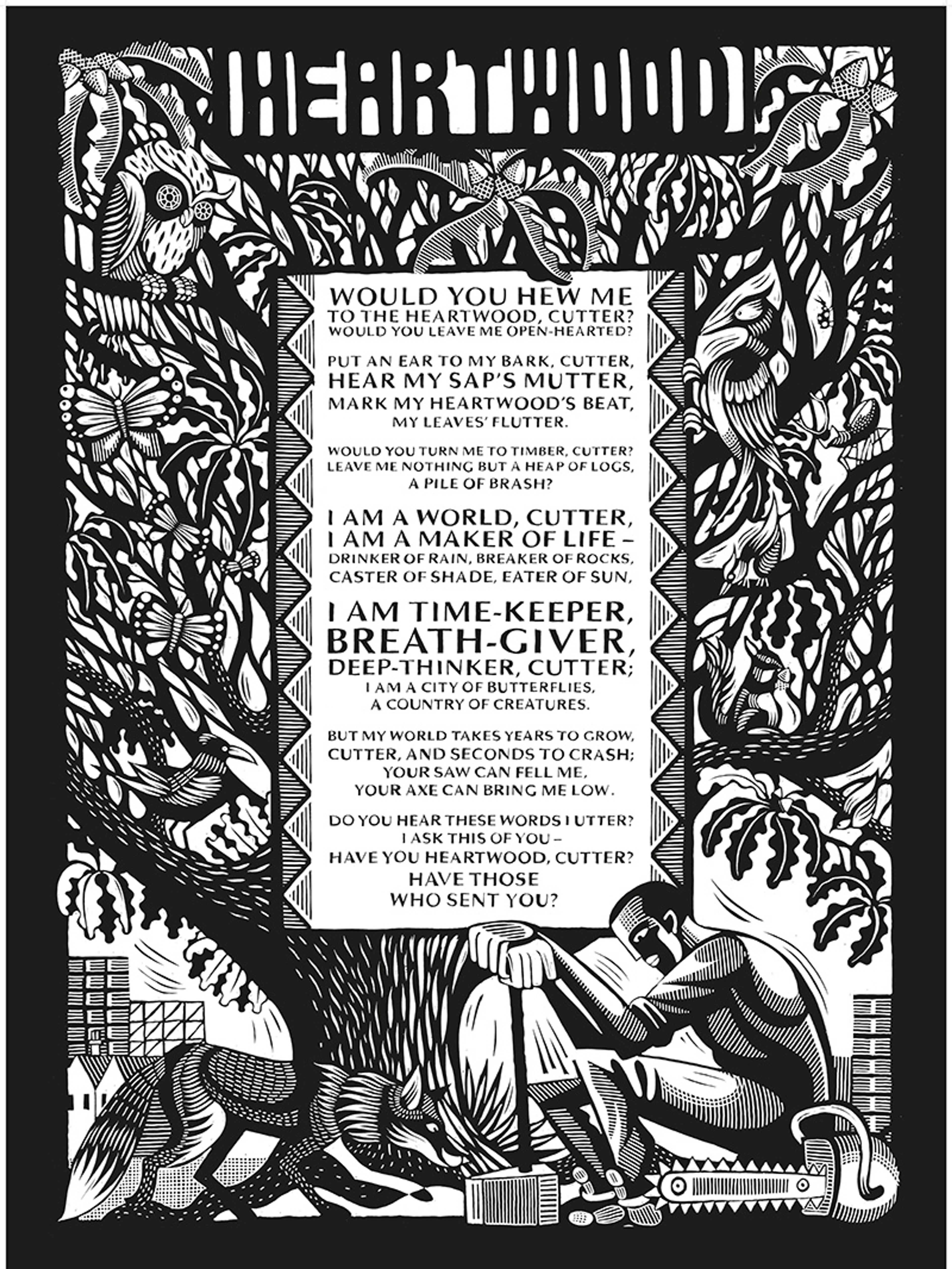 Black and white illustration titled “Heartwood” with detailed nature-inspired designs, trees, animals, and a poem about a tree addressing a woodcutter.