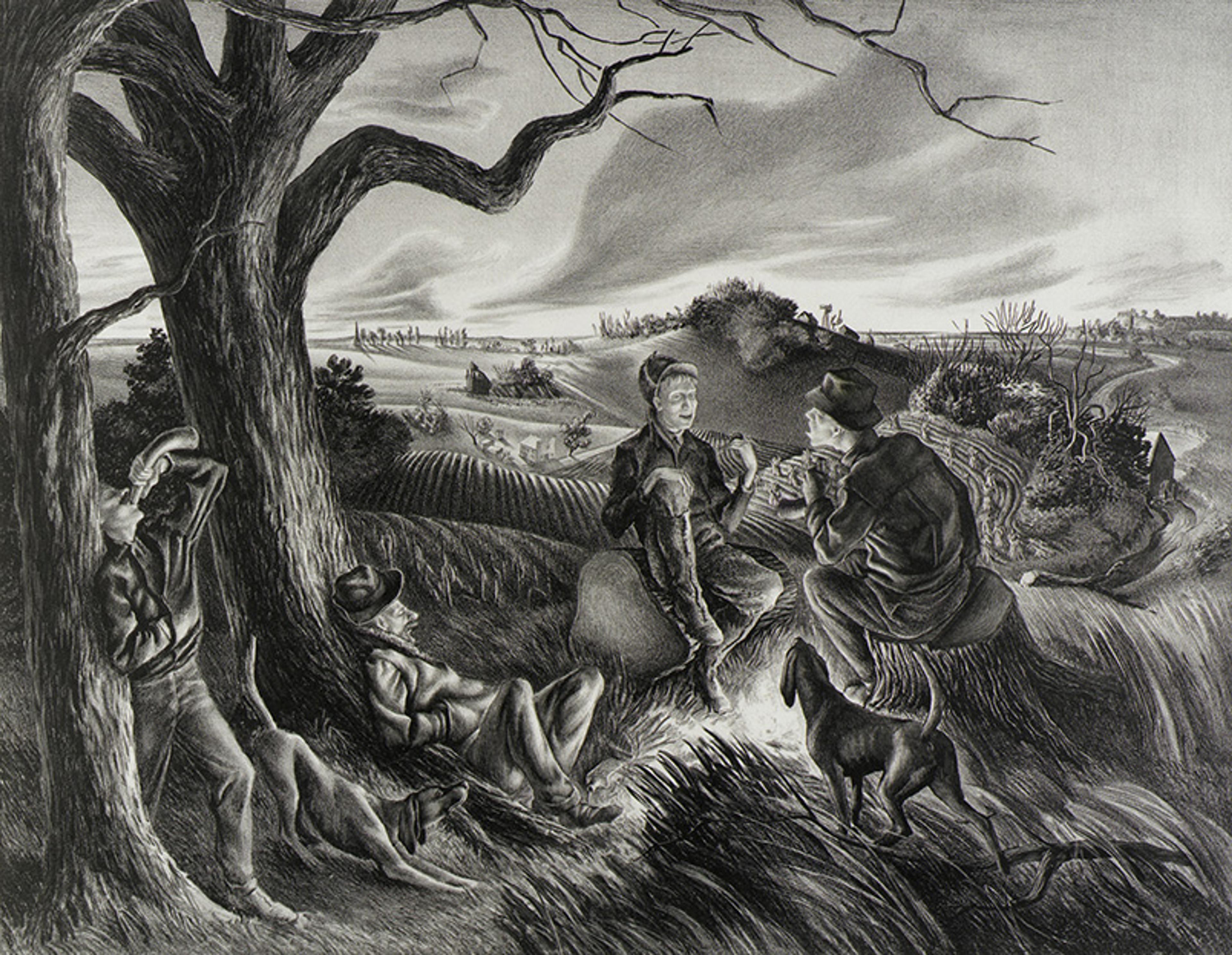 Four men and two dogs converse at a tree by a field, surrounded by a vast rural landscape on a cloudy day.