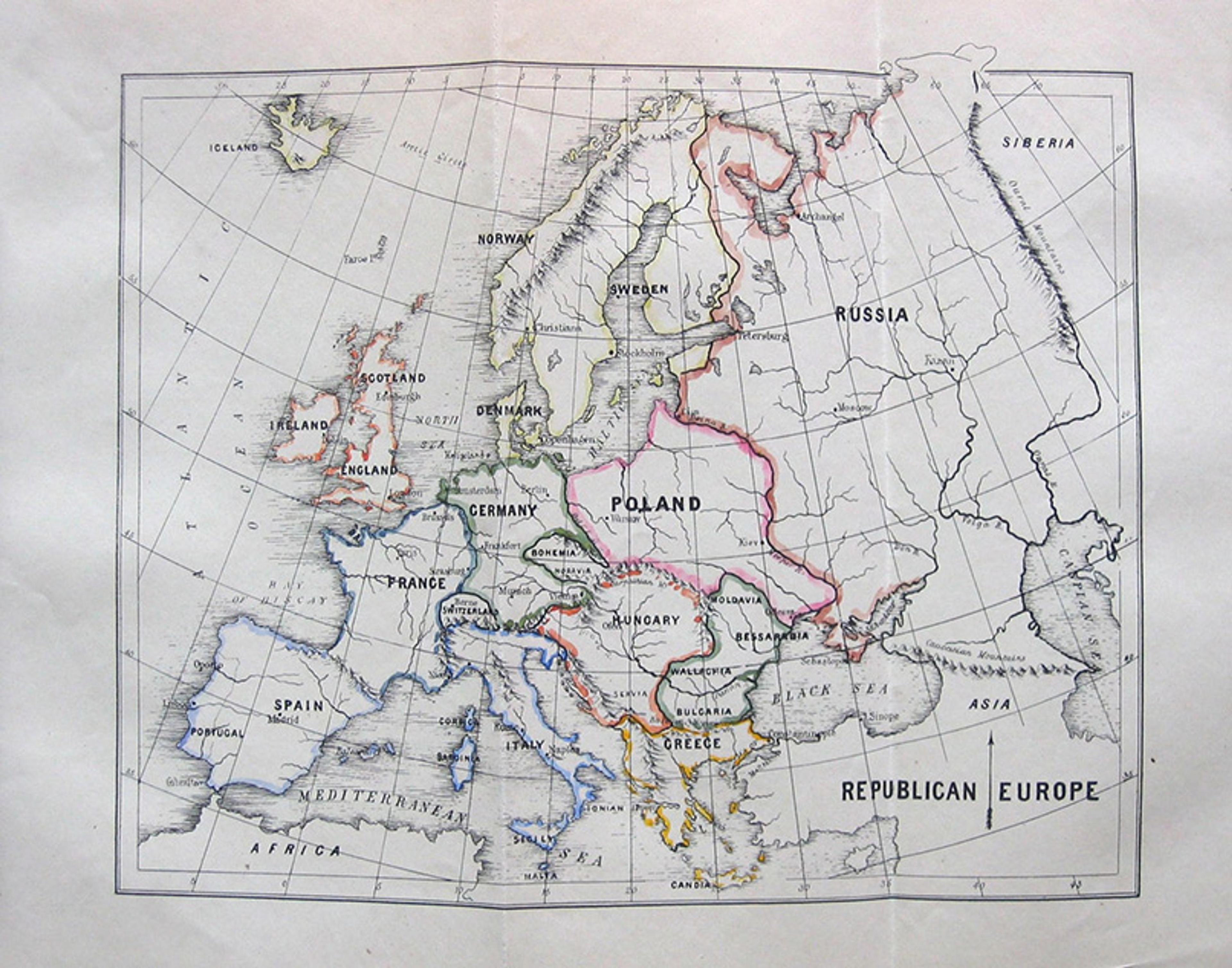 Antique map of Europe, highlighting historical borders and countries including Poland, Russia, Germany, France, Italy, and Spain, with labels in English.