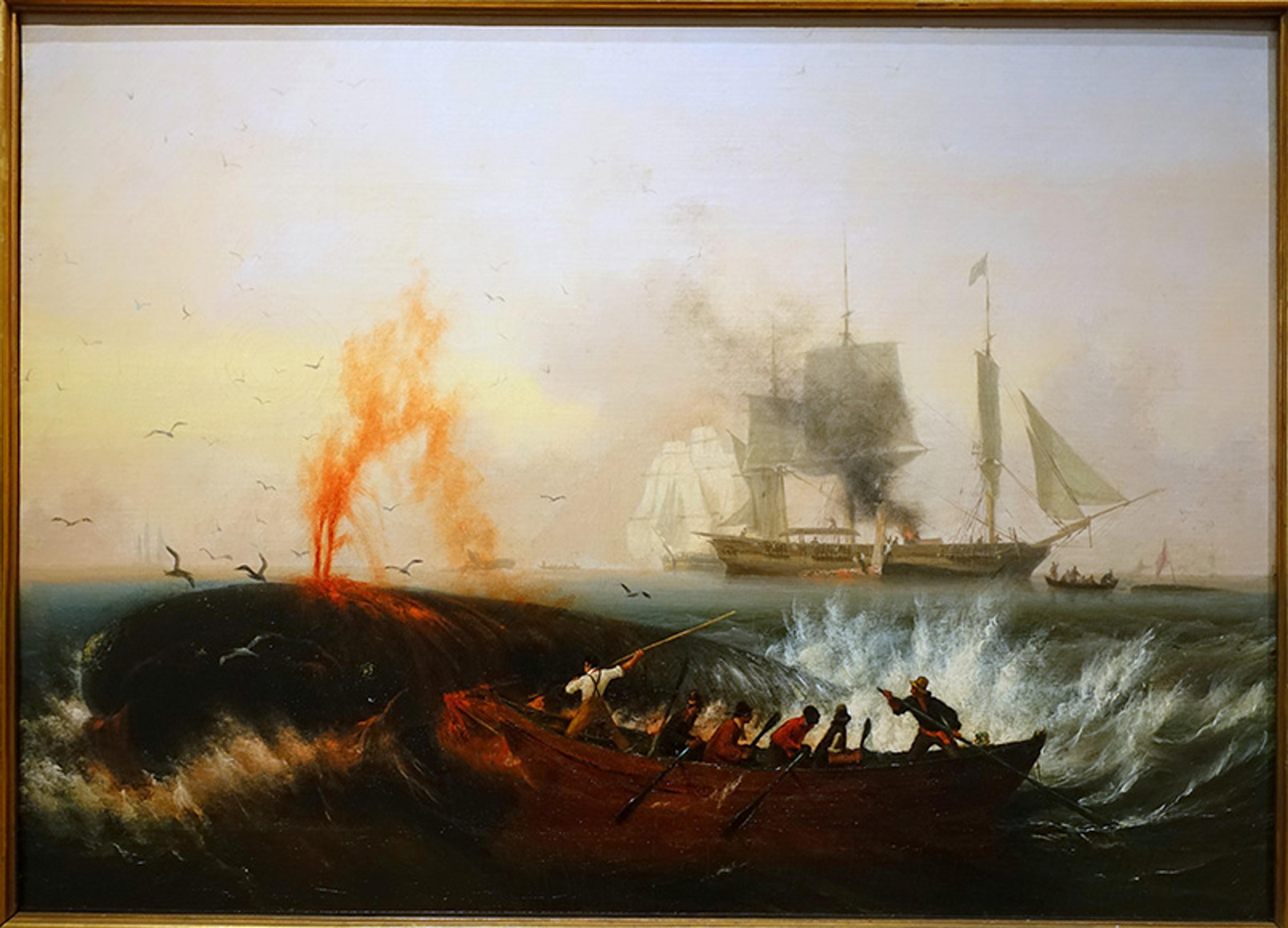 Painting of men in a small boat hunting a whale, with larger ships in the background and waves crashing around them. Sea birds fly overhead.