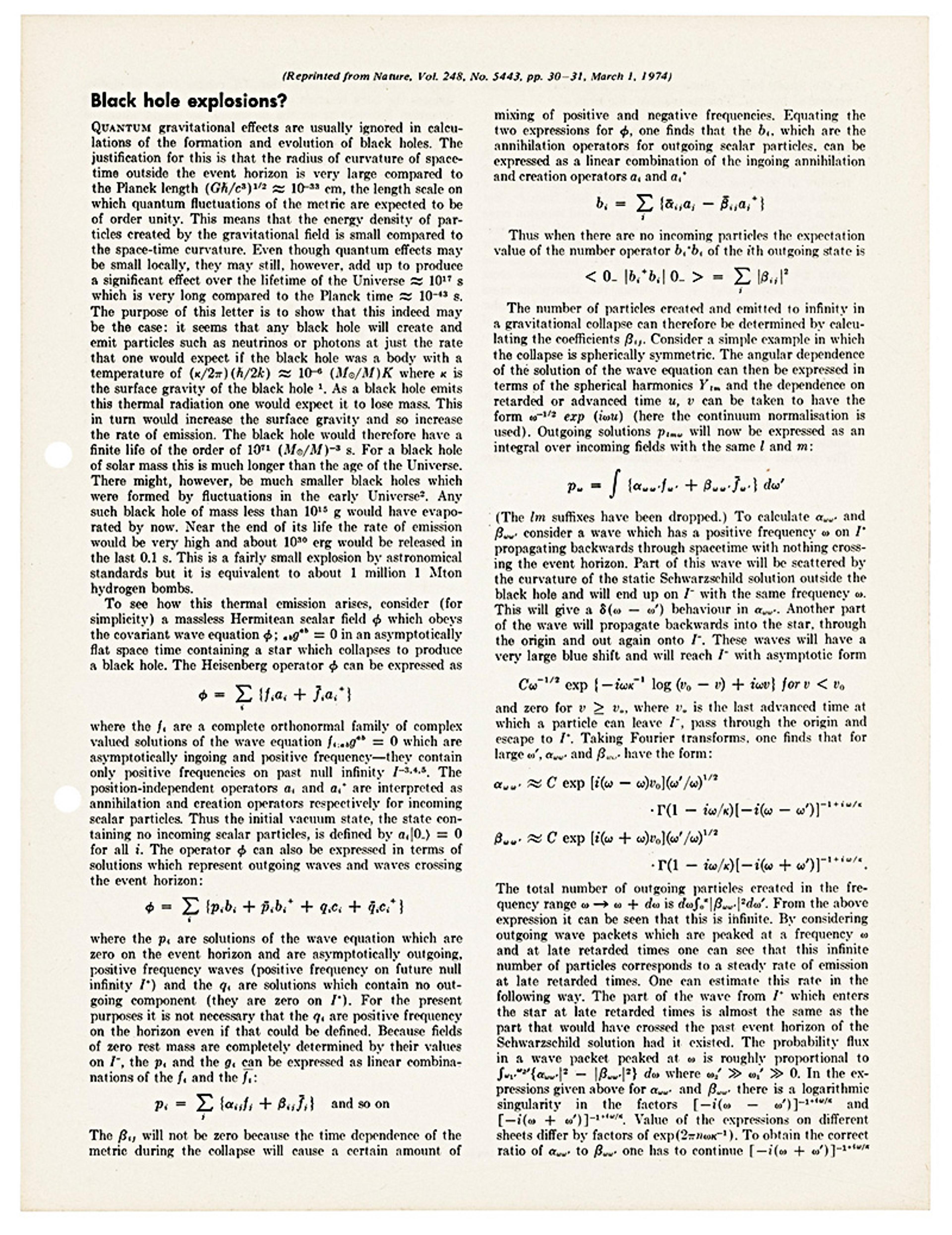 A scanned page from the journal Nature, Volume 248, Number 5443, dated March 1, 1974. The article is titled “Black hole explosions?” and discusses quantum gravitational effects, black hole radiation, and related mathematical equations and theories. The text includes paragraphs and mathematical formulas.