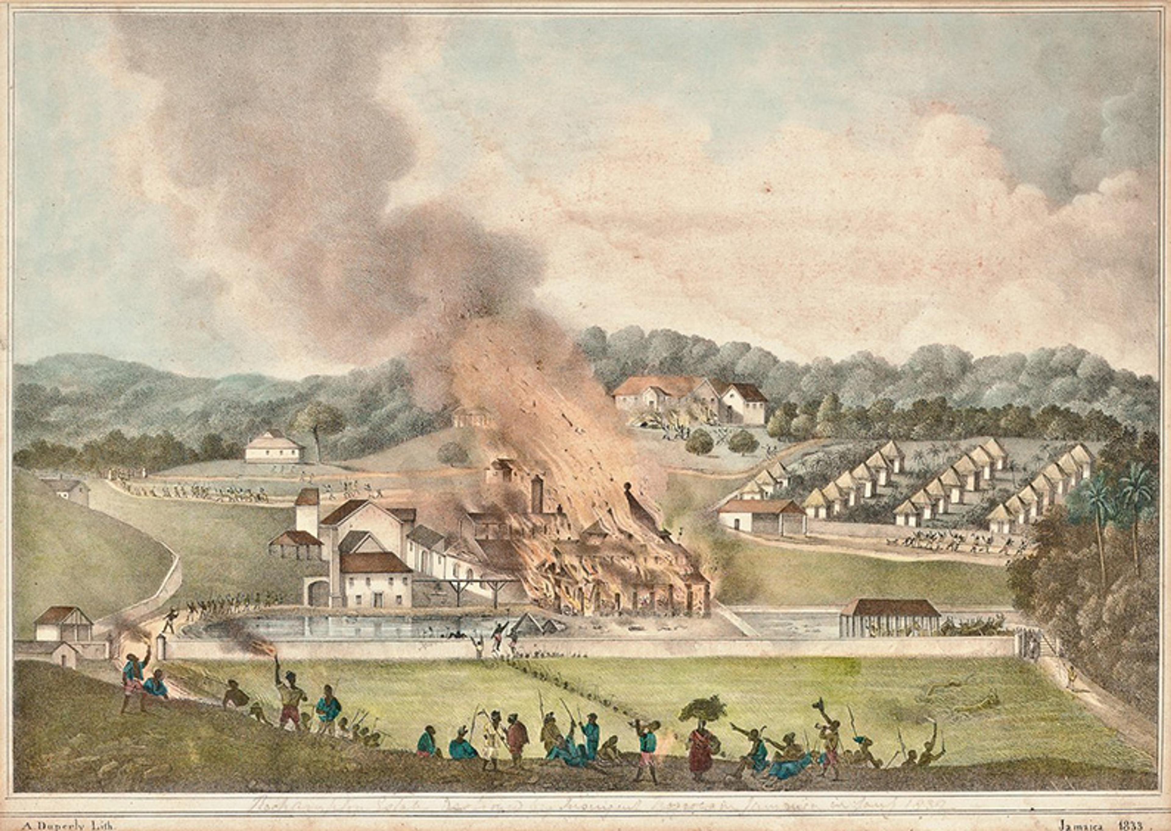 A historical illustration depicting a plantation building engulfed in flames with thick smoke rising. In the foreground, people are seen gathering and reacting. Surrounding the burning structure are fields, trees, houses, and other buildings. The image is labelled “Jamaica 1833.”